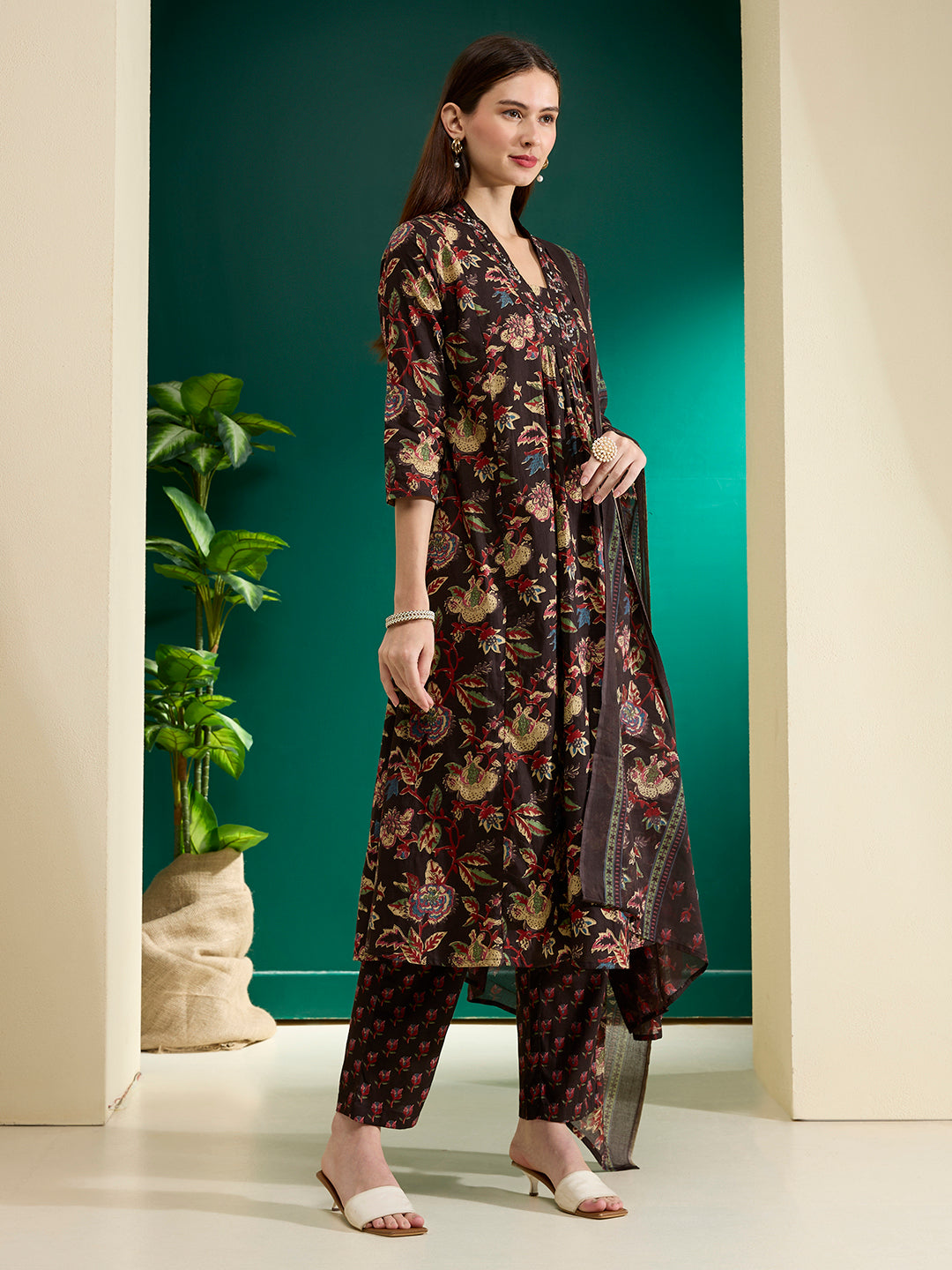 Floral Foil Printed Cutwork Embroidered Straight Kurta with Pant - Black