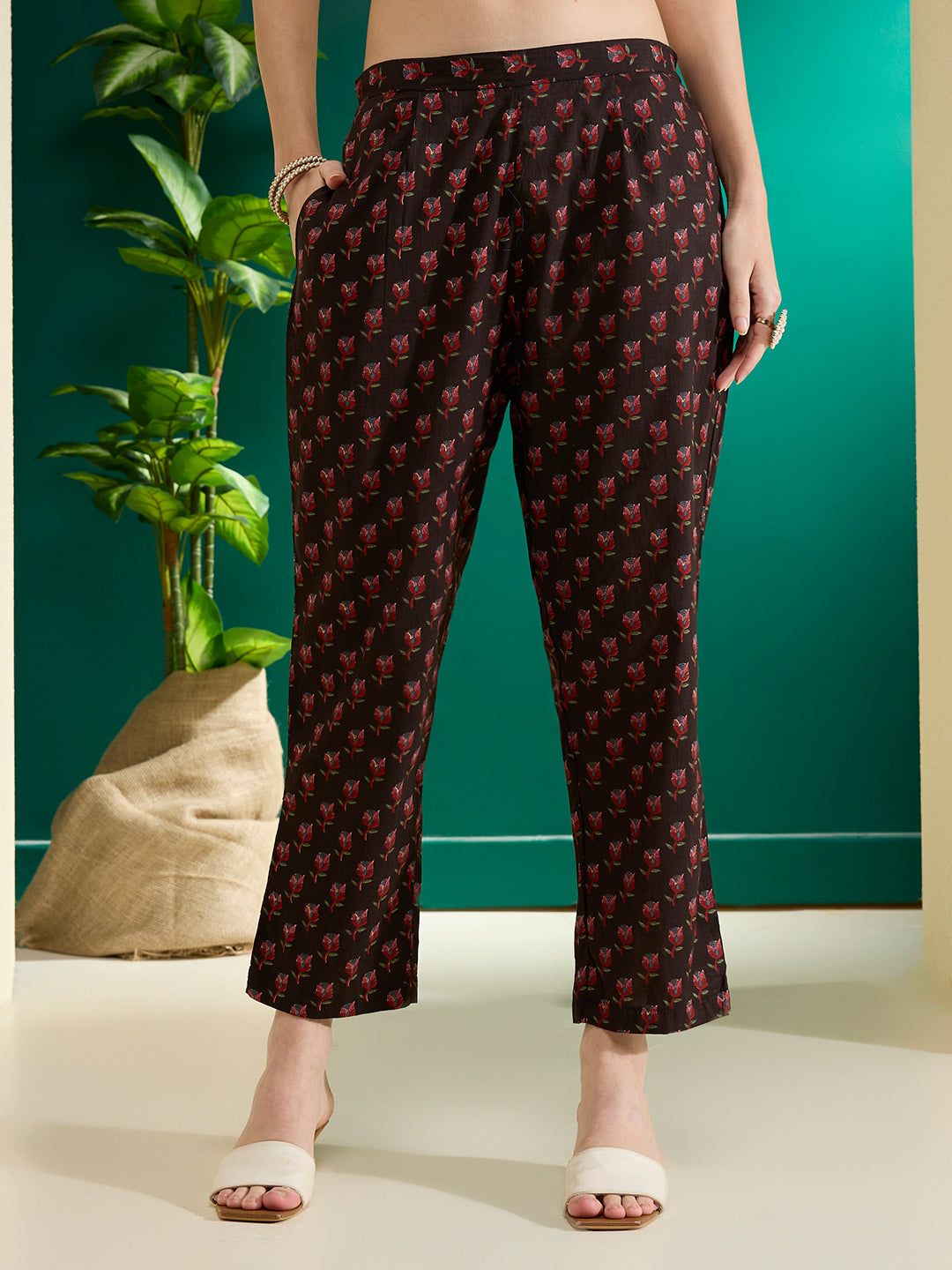 Floral Foil Printed Cutwork Embroidered Straight Kurta with Pant - Black