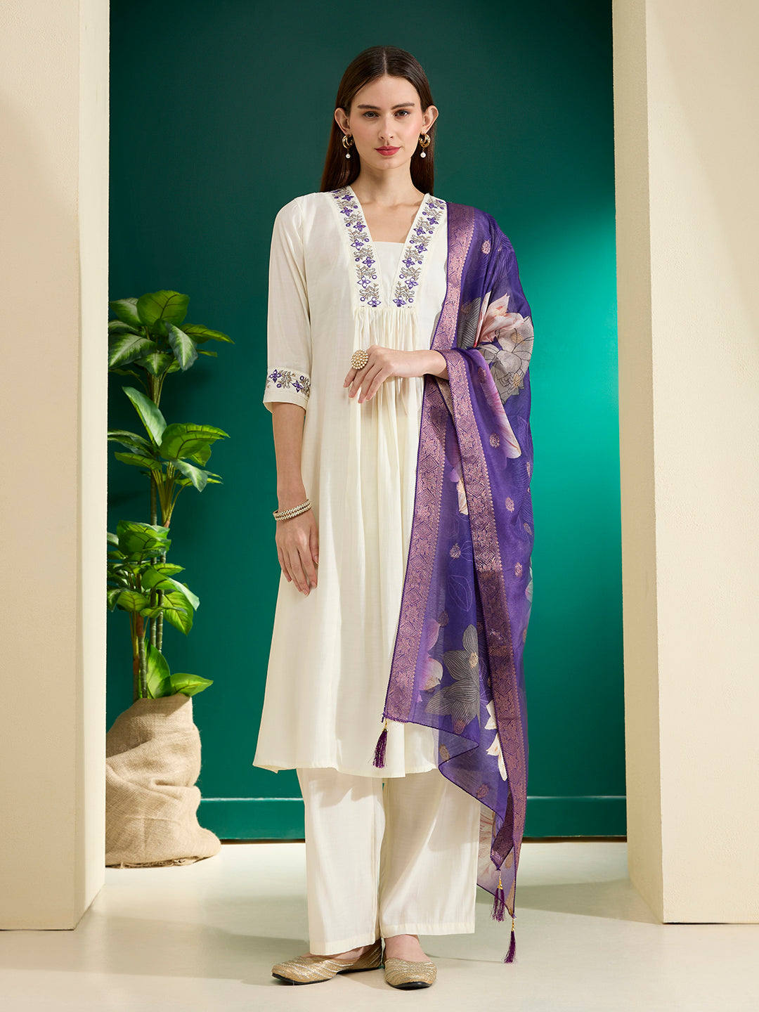 Floral Embroidered Anarkali Kurta with Palazzo & Floral Printed Dupatta - Off White