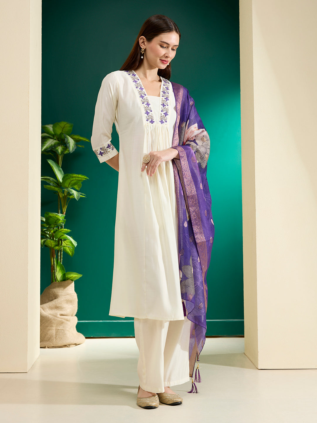 Floral Embroidered Anarkali Kurta with Palazzo & Floral Printed Dupatta - Off White