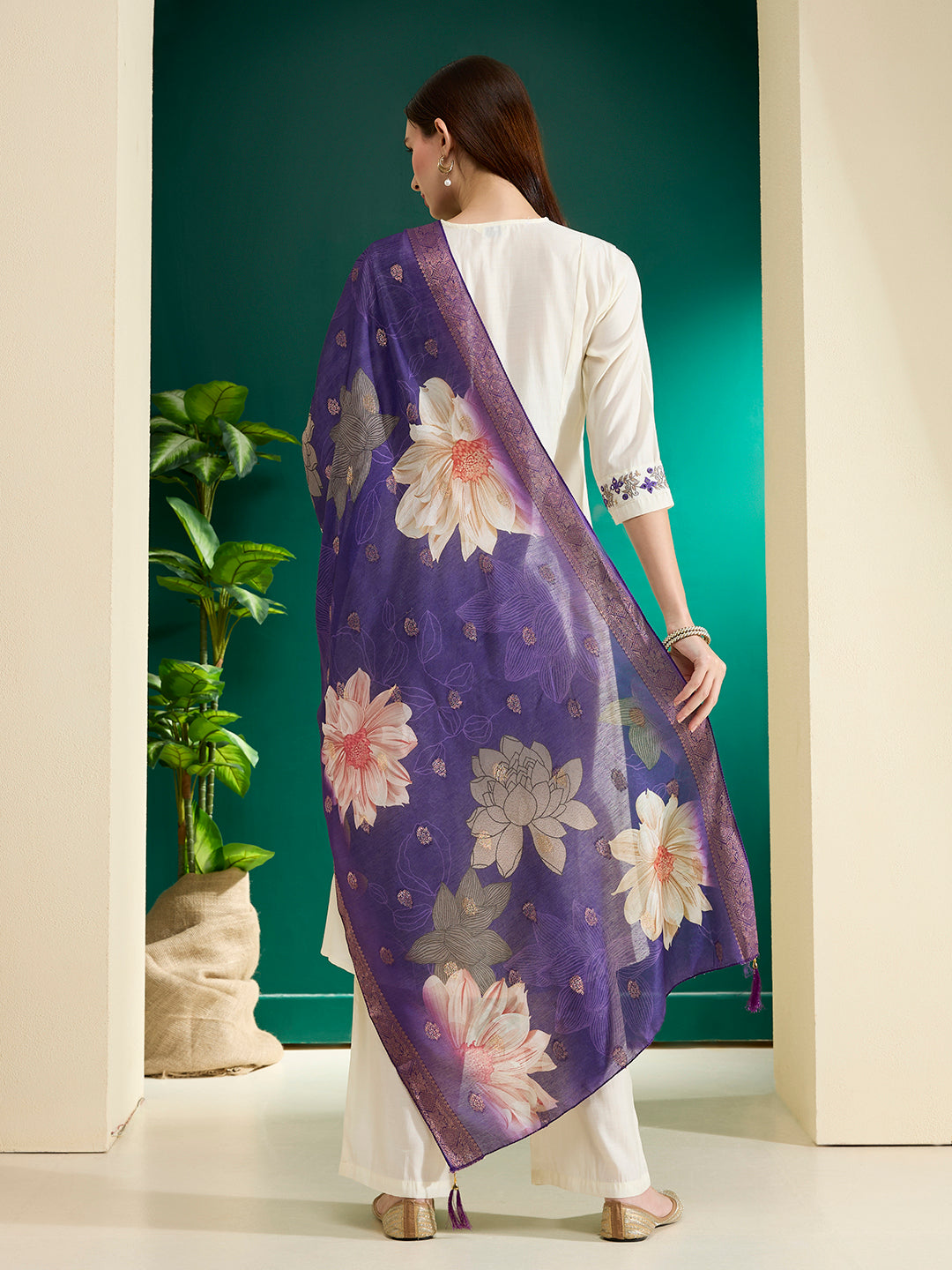 Floral Embroidered Anarkali Kurta with Palazzo & Floral Printed Dupatta - Off White