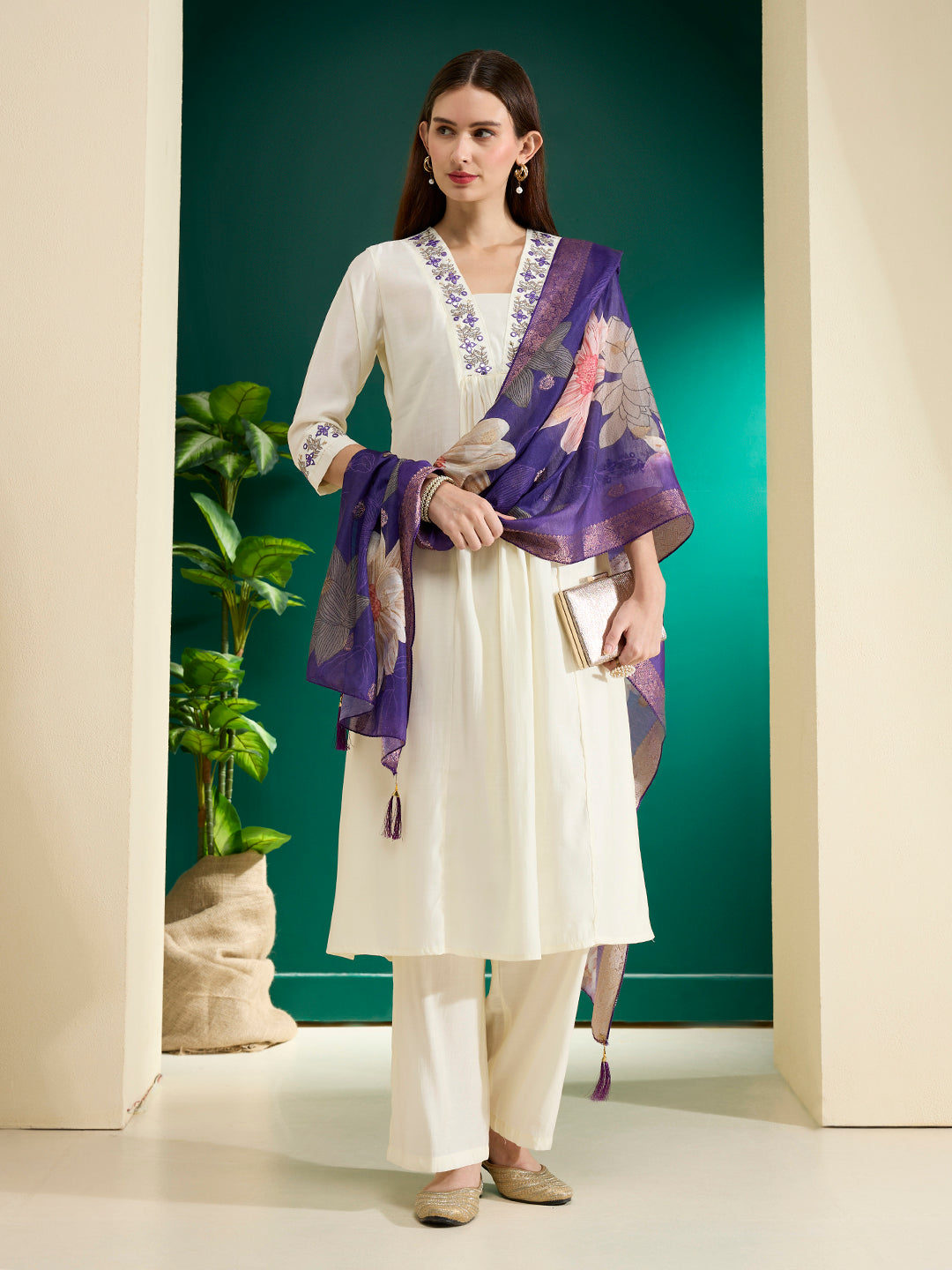 Floral Embroidered Anarkali Kurta with Palazzo & Floral Printed Dupatta - Off White