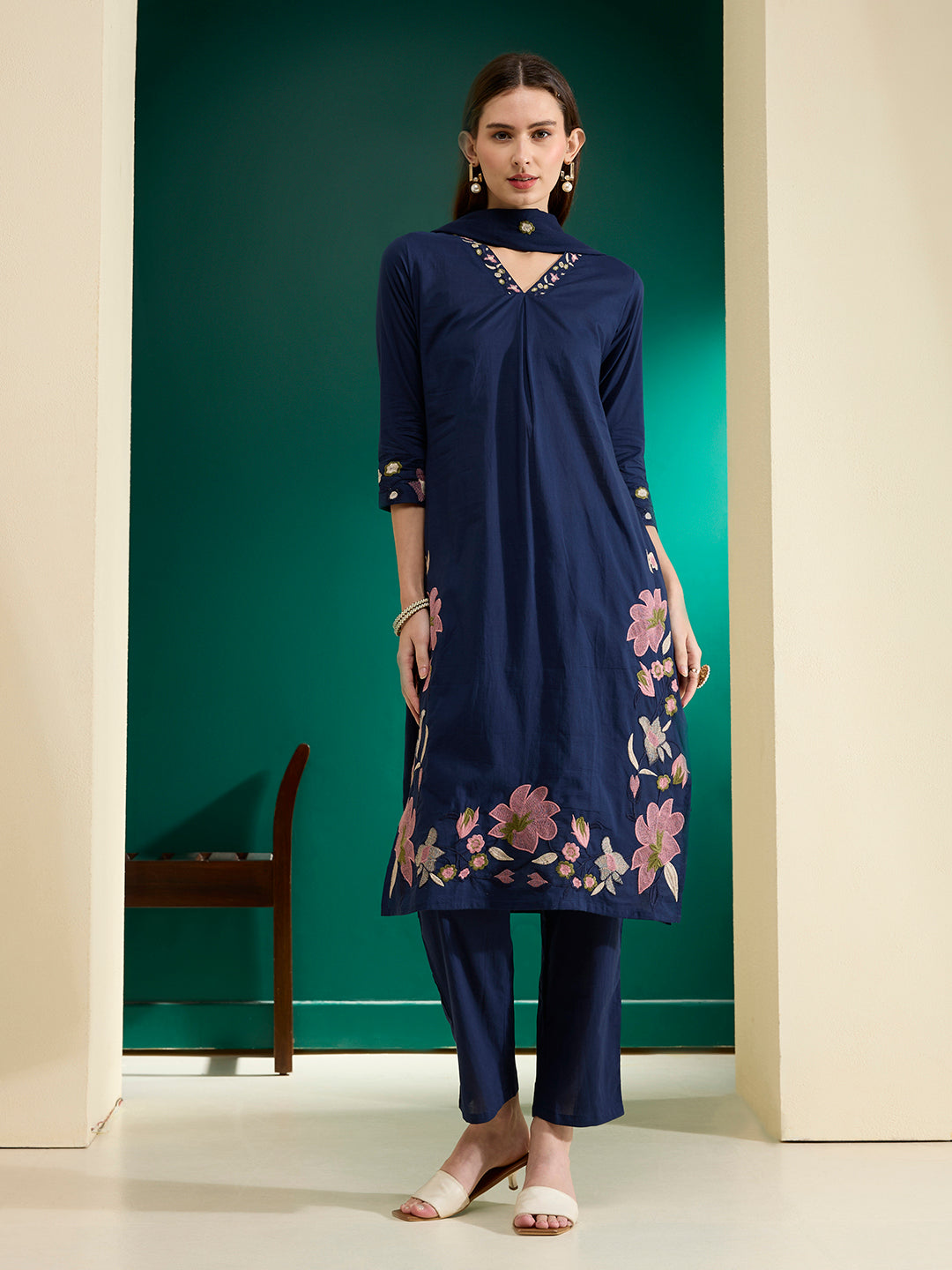 Solid Threadwork Floral Embroidered A-Line Kurta with Pant & Dupatta - Navy Blue