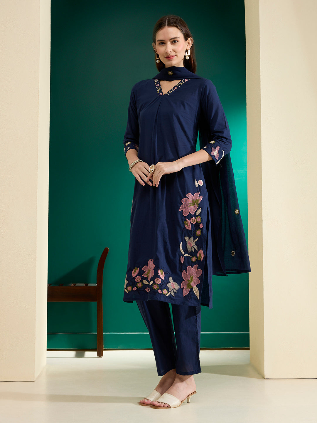 Solid Threadwork Floral Embroidered A-Line Kurta with Pant & Dupatta - Navy Blue