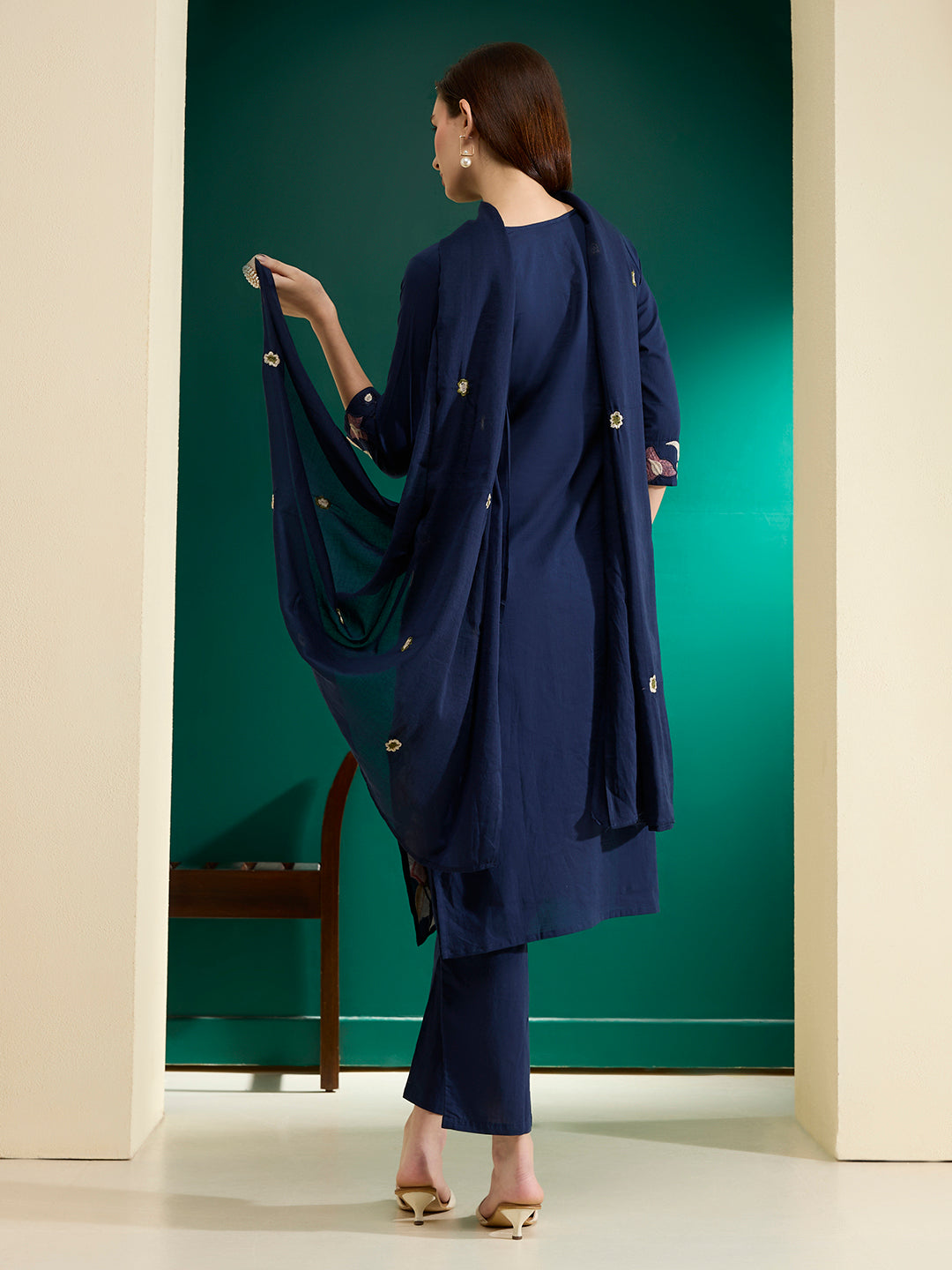 Solid Threadwork Floral Embroidered A-Line Kurta with Pant & Dupatta - Navy Blue