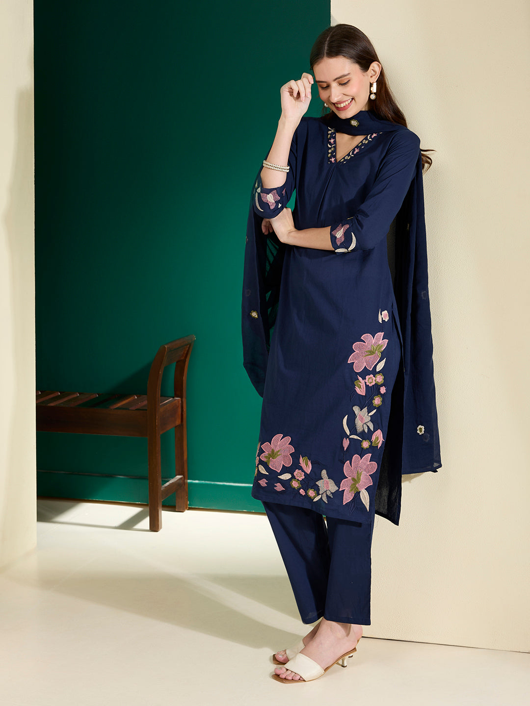Solid Threadwork Floral Embroidered A-Line Kurta with Pant & Dupatta - Navy Blue
