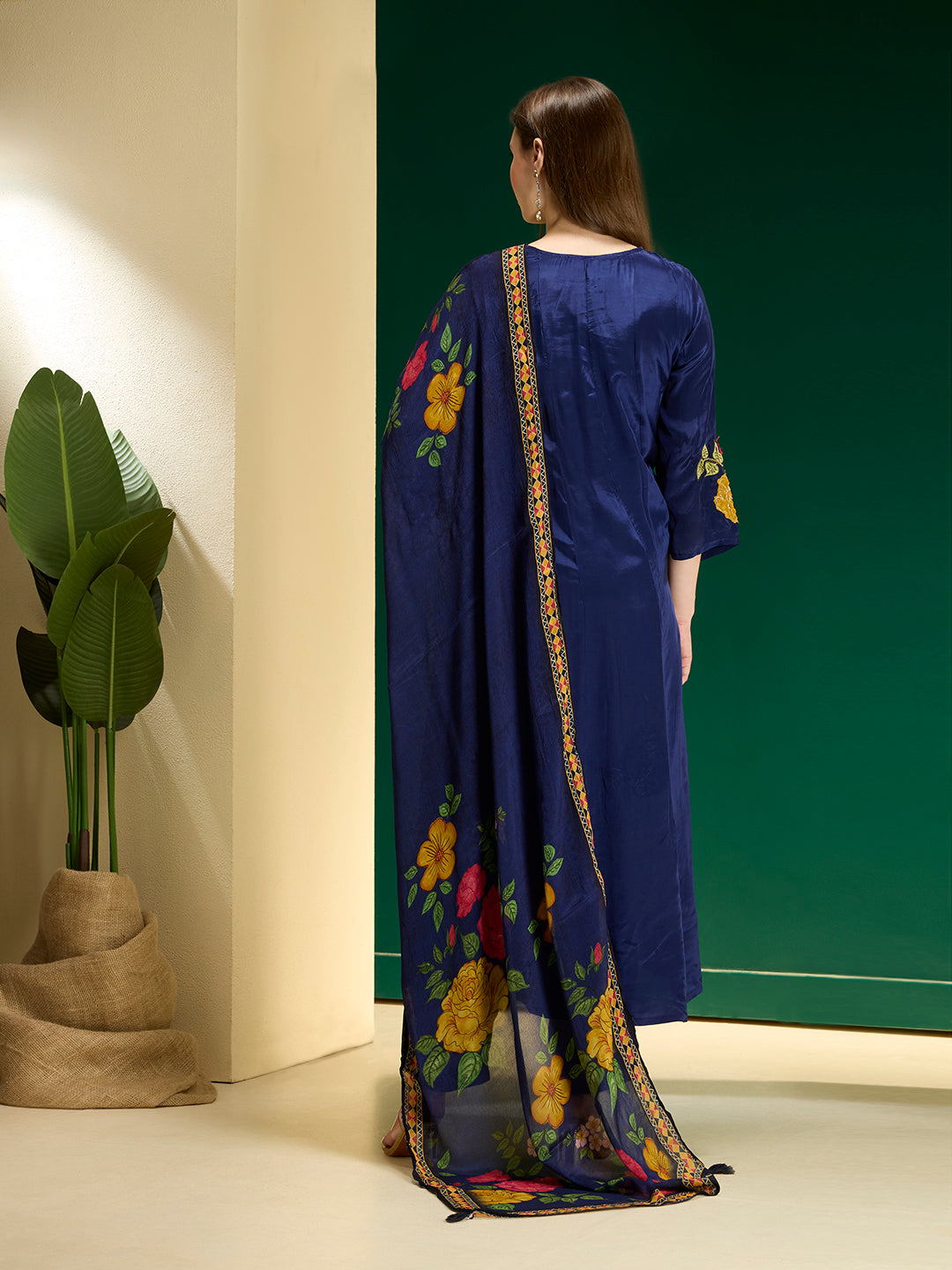 Ethnic Floral Embroidered Anarkali Flared Kurta with Pant and Dupatta - Navy Blue