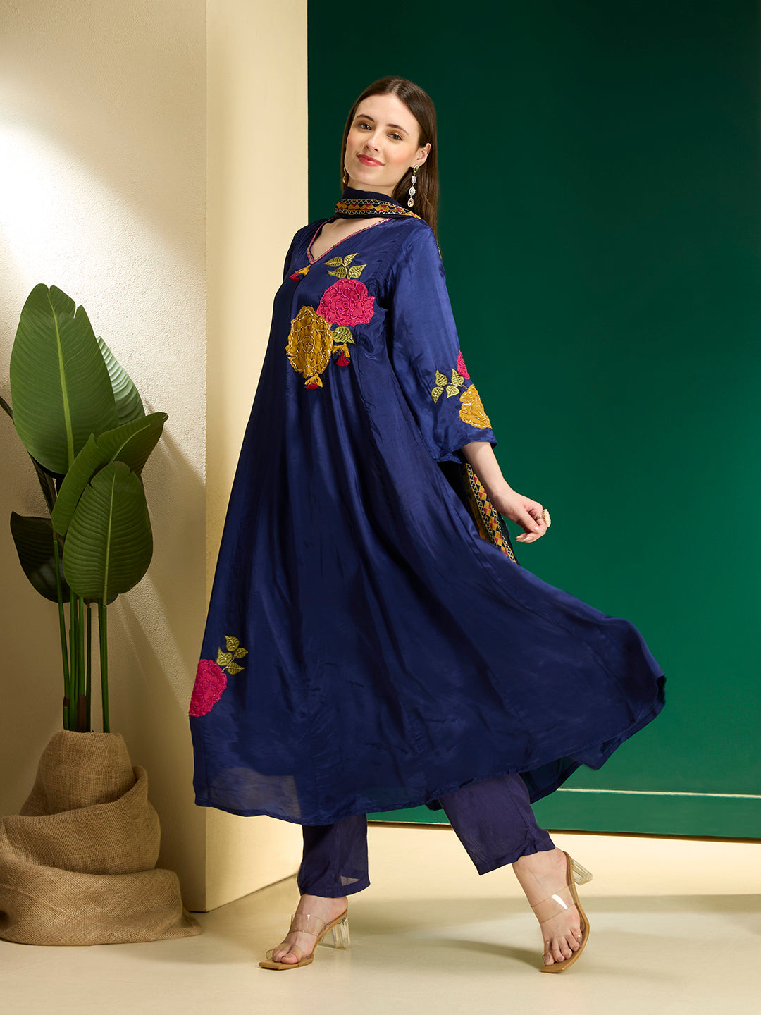 Ethnic Floral Embroidered Anarkali Flared Kurta with Pant and Dupatta - Navy Blue