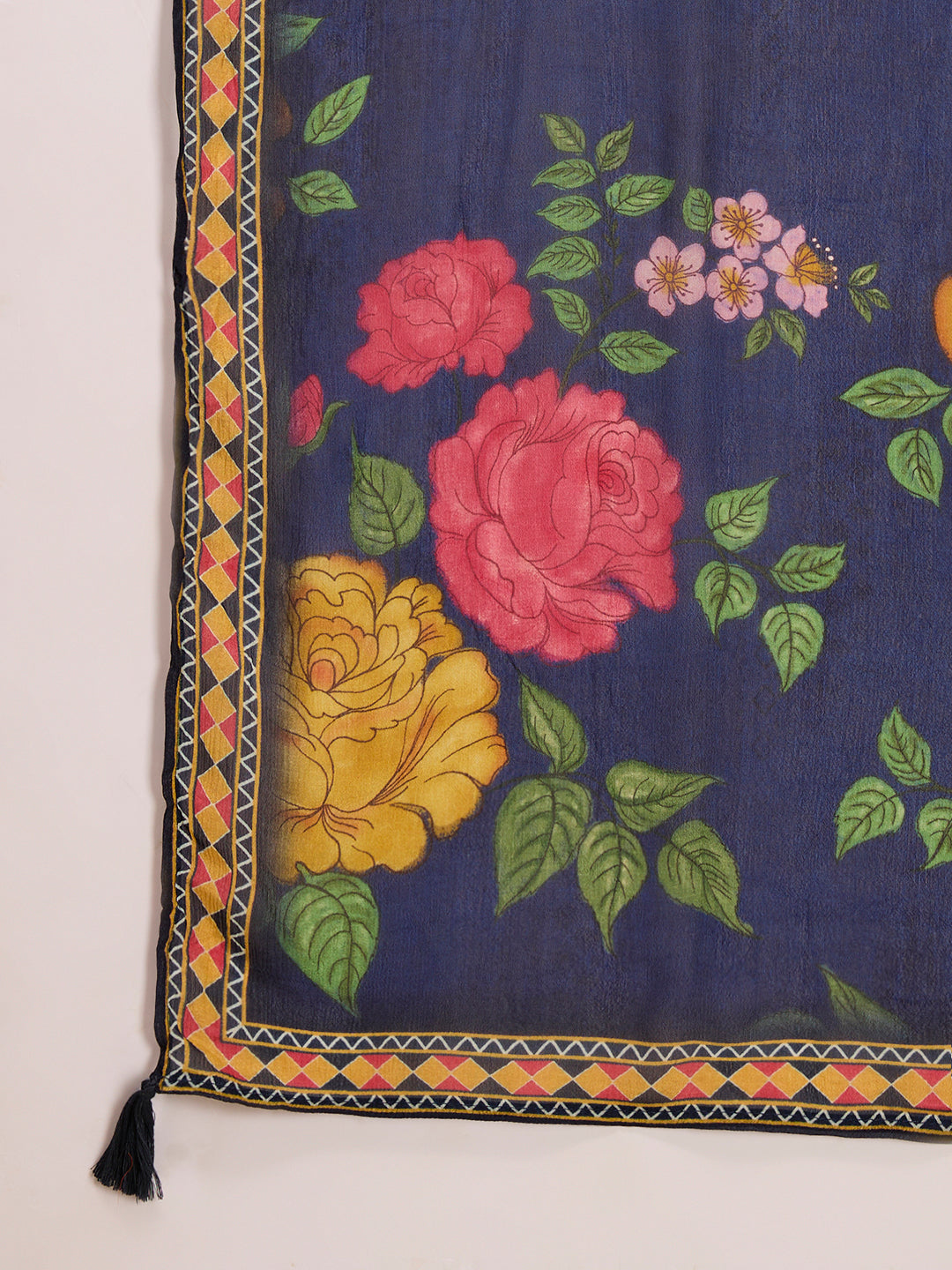 Ethnic Floral Embroidered Anarkali Flared Kurta with Pant and Dupatta - Navy Blue