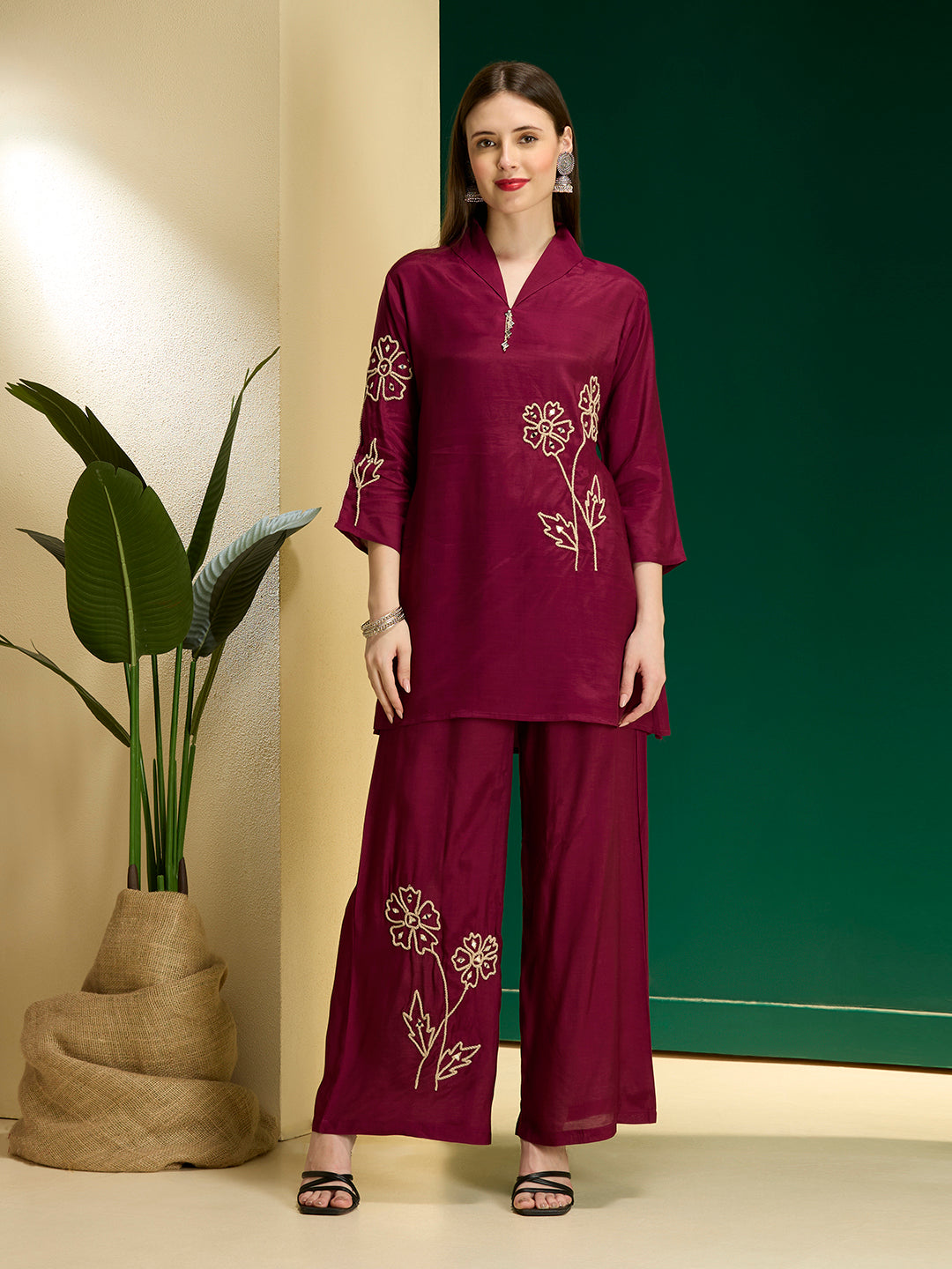 Solid Floral Embroidered Straight Fit Co-ord Set - Burgundy