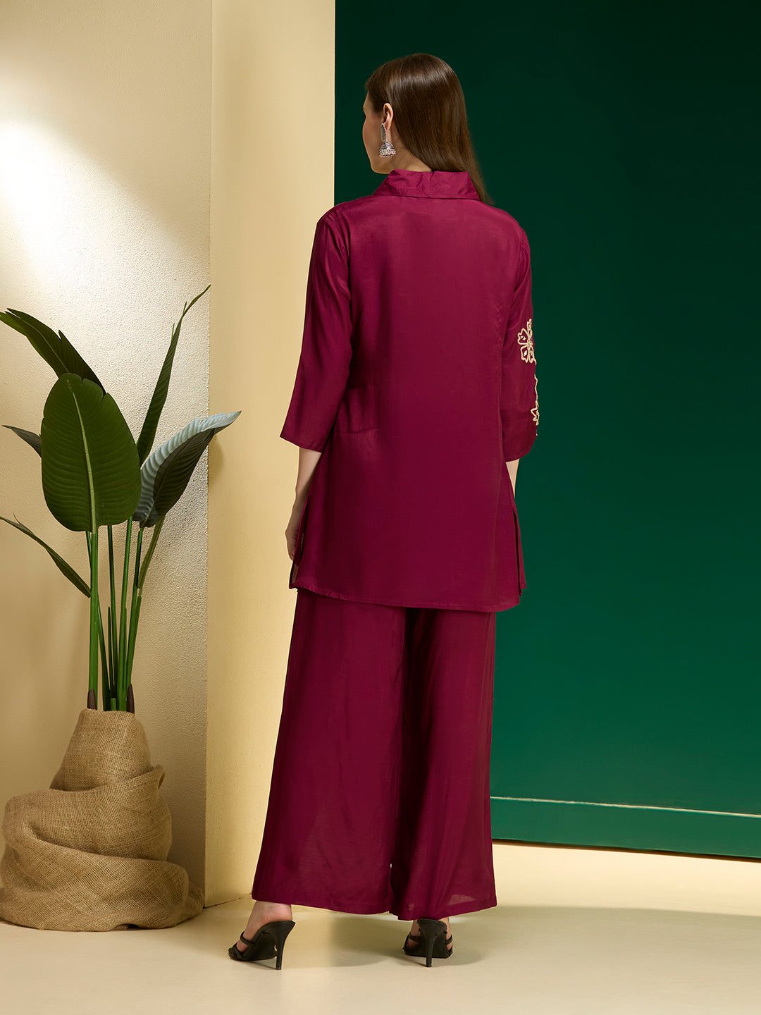 Solid Floral Embroidered Straight Fit Co-ord Set - Burgundy