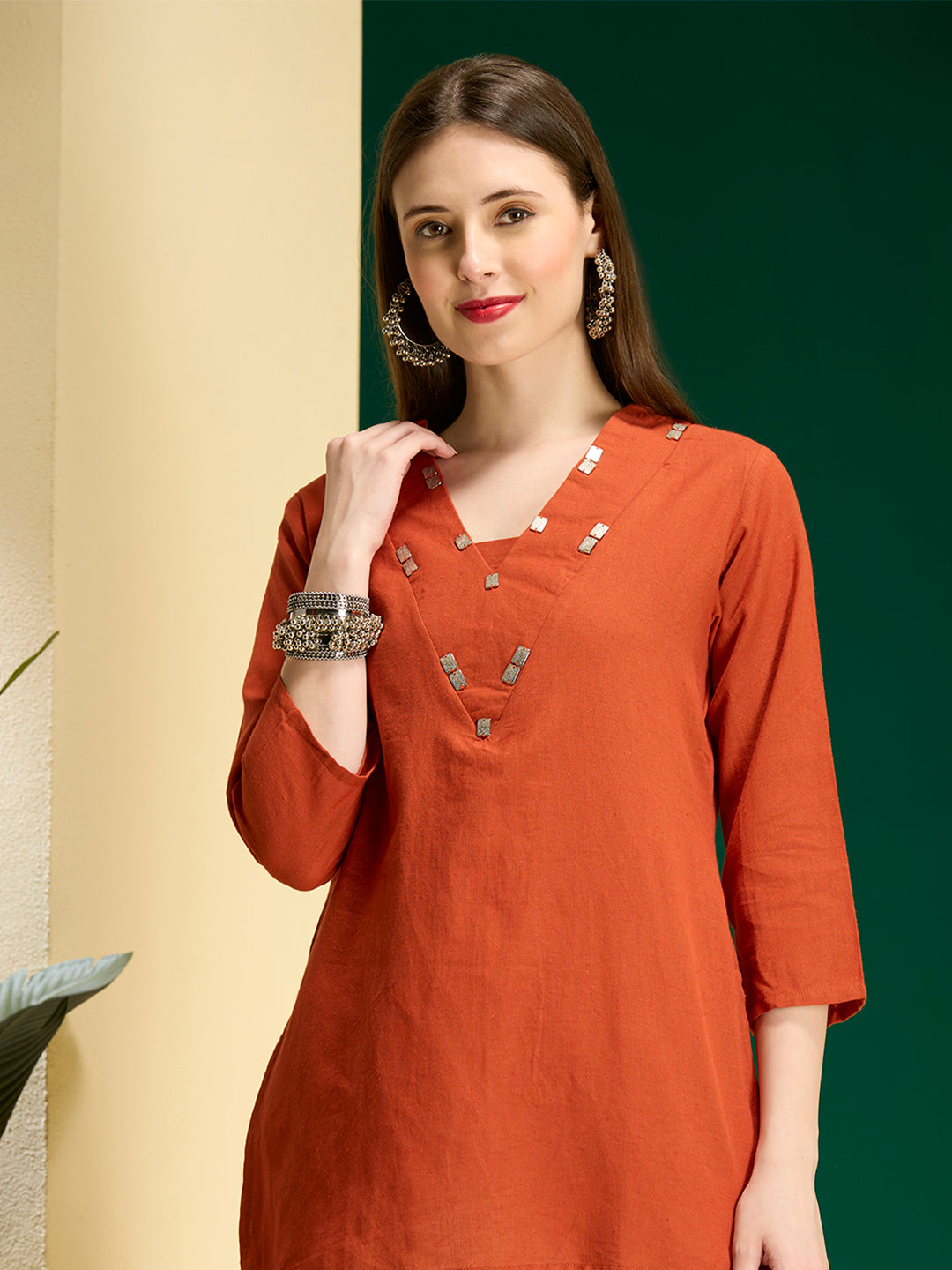 Solid Straight Fit Top with Floral Patchwork Palazzo - Orange