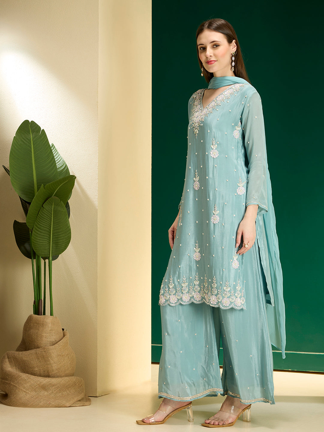 Solid Floral Hand Embroidered Straight Kurta with Palazzo & Dupatta - Blue