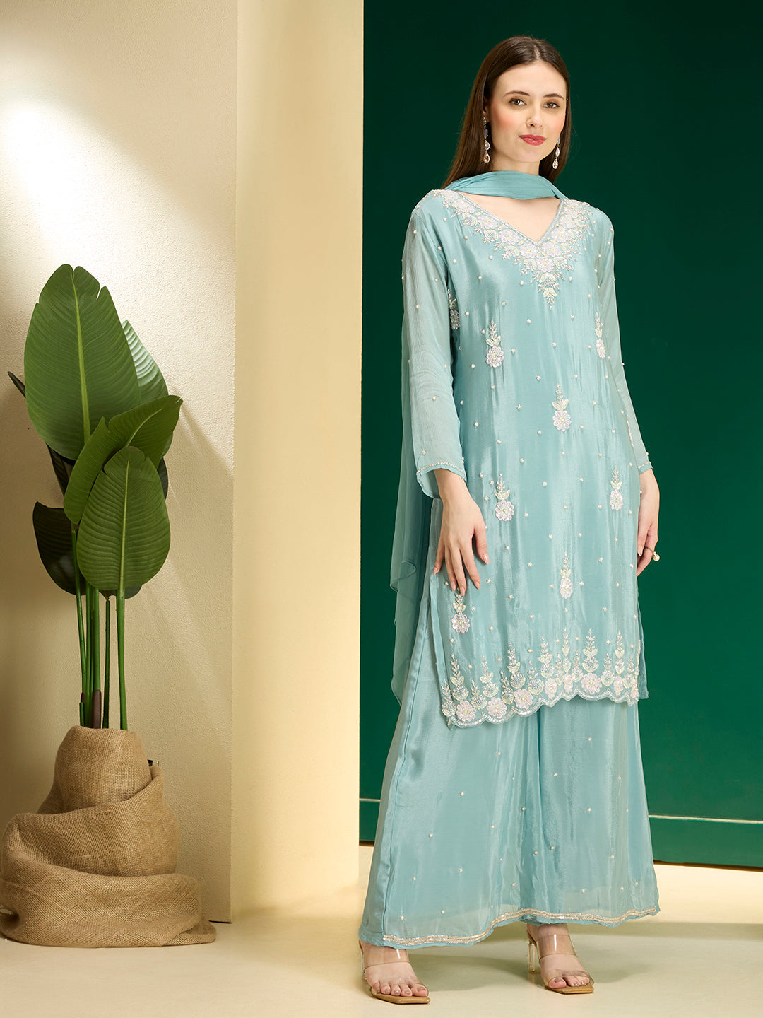 Solid Floral Hand Embroidered Straight Kurta with Palazzo & Dupatta - Blue