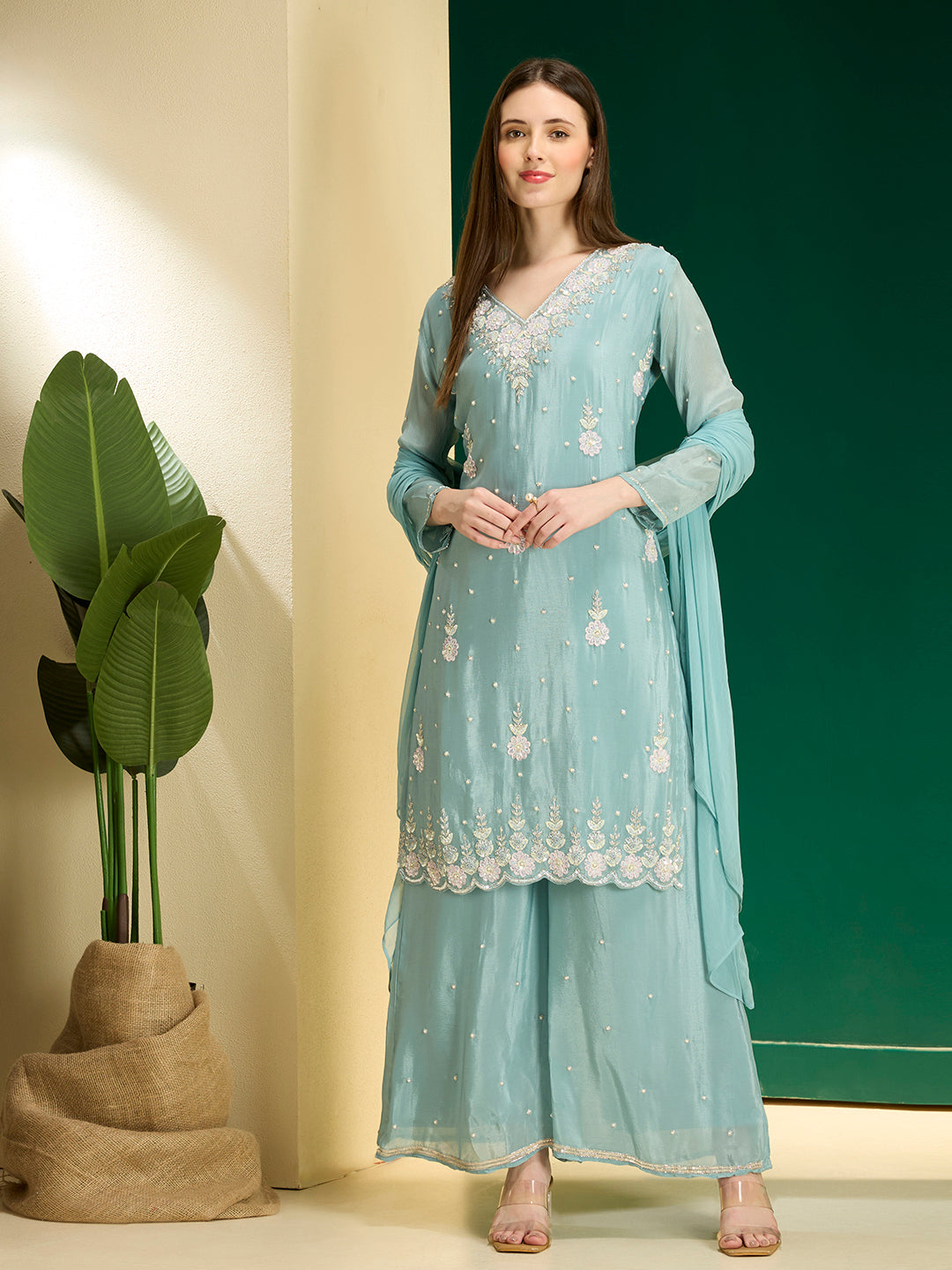 Solid Floral Hand Embroidered Straight Kurta with Palazzo & Dupatta - Blue