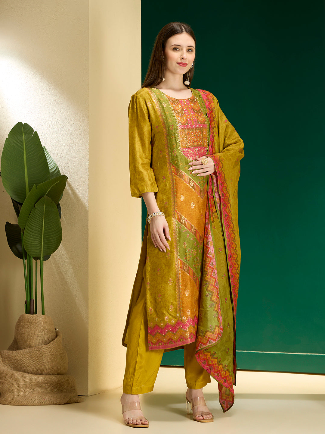 Ethnic Floral Printed & Embroidered Straight Fit Kurta with Pant and Dupatta - Lime Green
