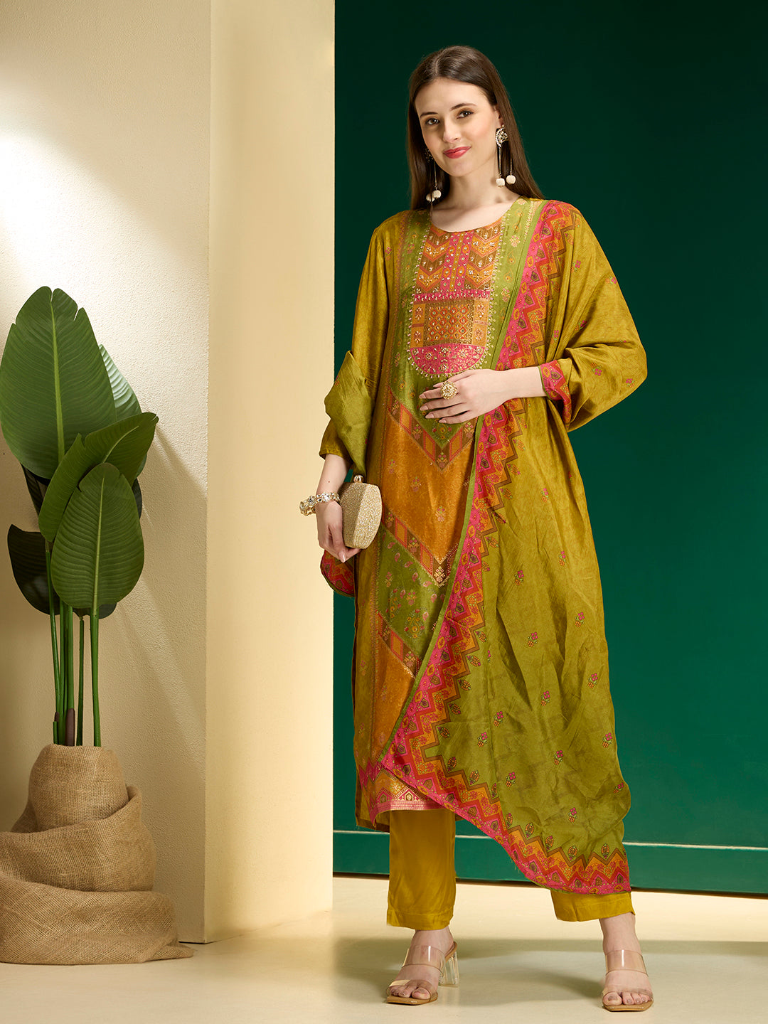 Ethnic Floral Printed & Embroidered Straight Fit Kurta with Pant and Dupatta - Lime Green