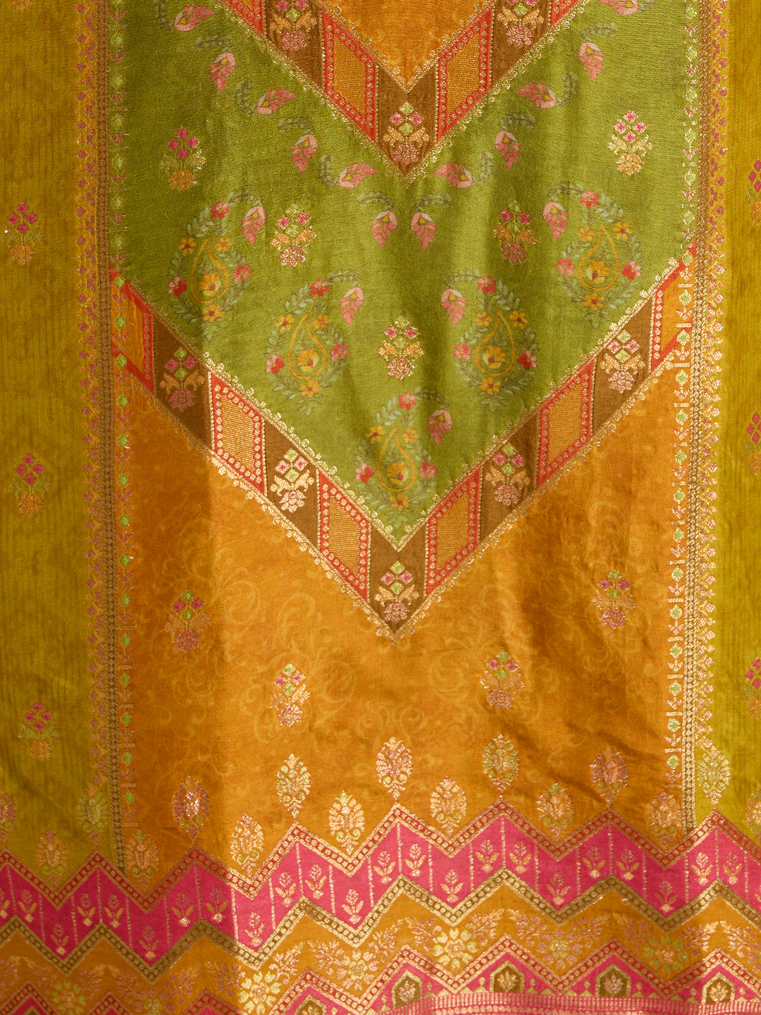 Ethnic Floral Printed & Embroidered Straight Fit Kurta with Pant and Dupatta - Lime Green