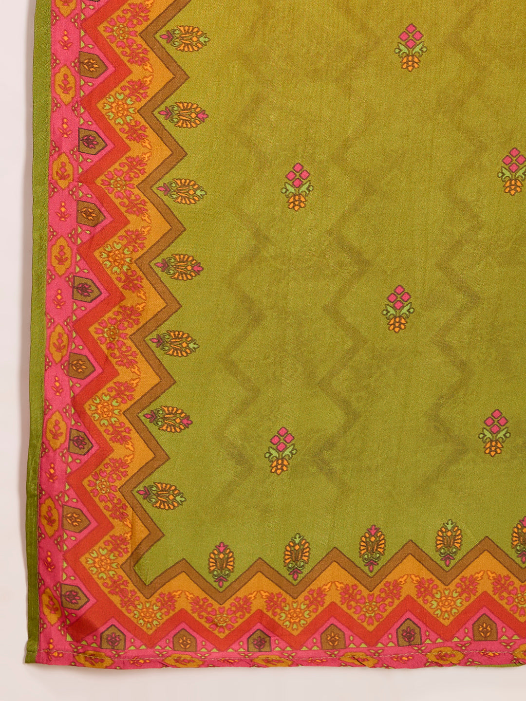 Ethnic Floral Printed & Embroidered Straight Fit Kurta with Pant and Dupatta - Lime Green