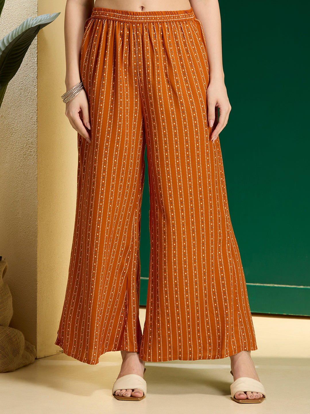 Geometric Printed & Embroidered A-Line Kurta with Palazzo & Dupatta - Rust