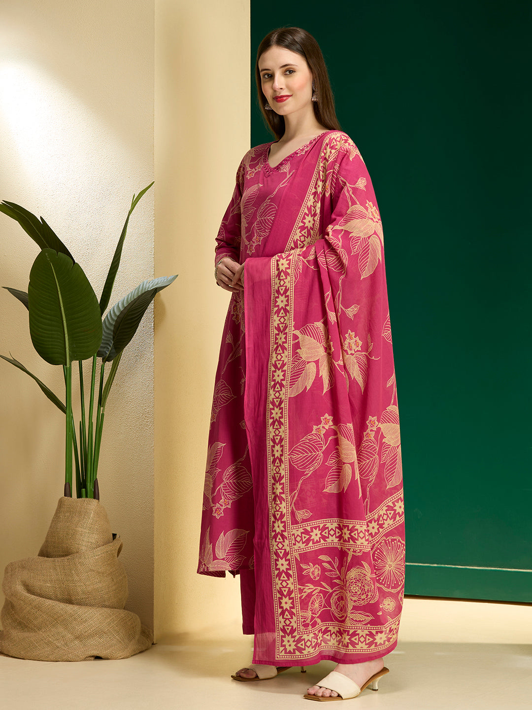 Floral Printed A-Line Kurta with Palazzo & Dupatta - Rani