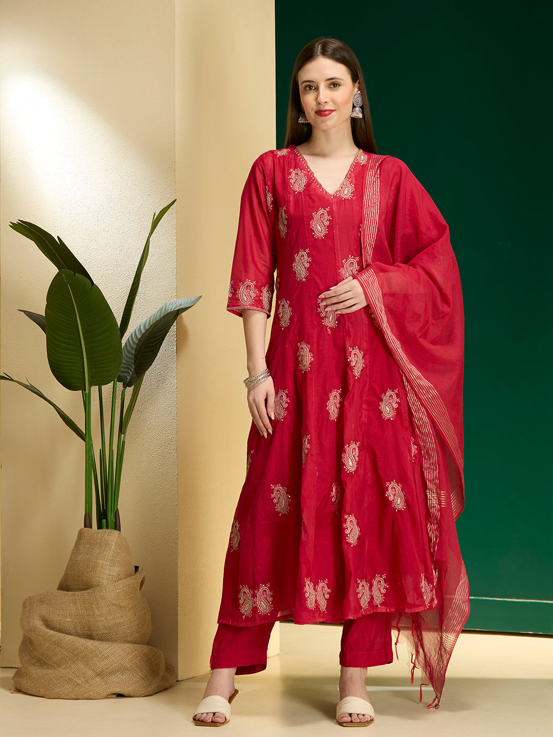 Solid Paisley Embroidered Anarkali with Pant & Dupatta - Rani