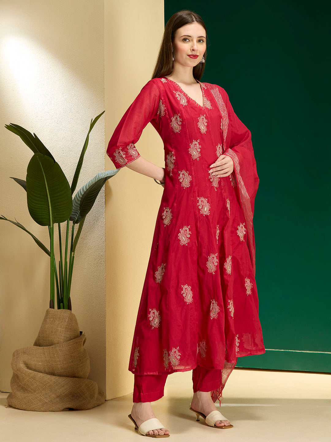 Solid Paisley Embroidered Anarkali with Pant & Dupatta - Rani