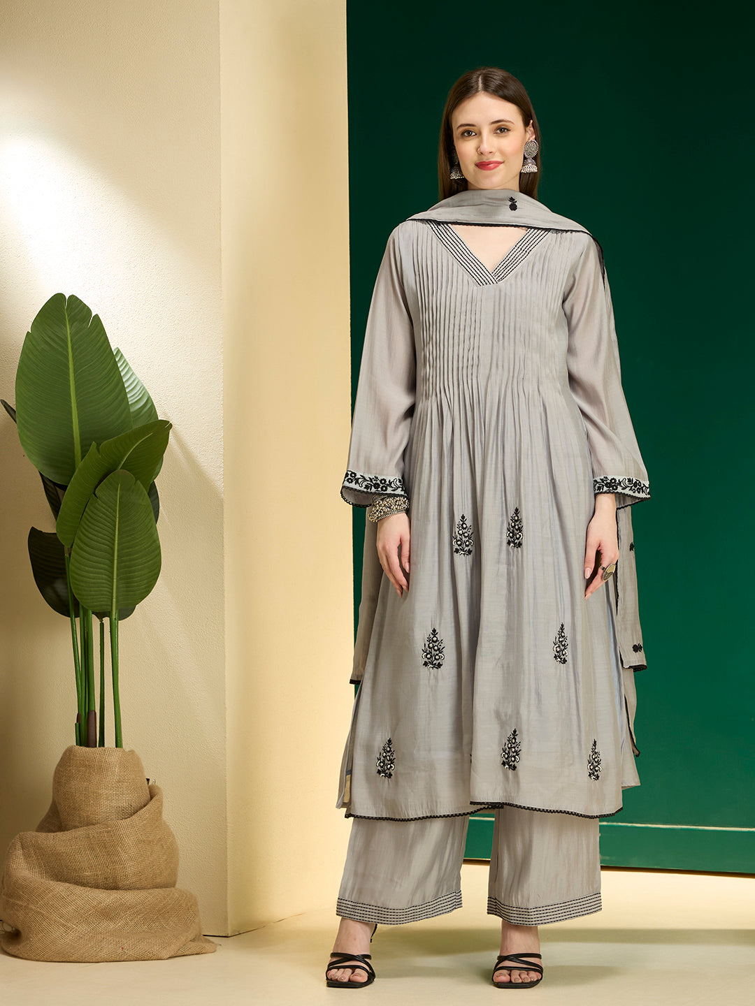 Floral Embroidered A-Line Pleated Kurta with Palazzo & Dupatta - Grey