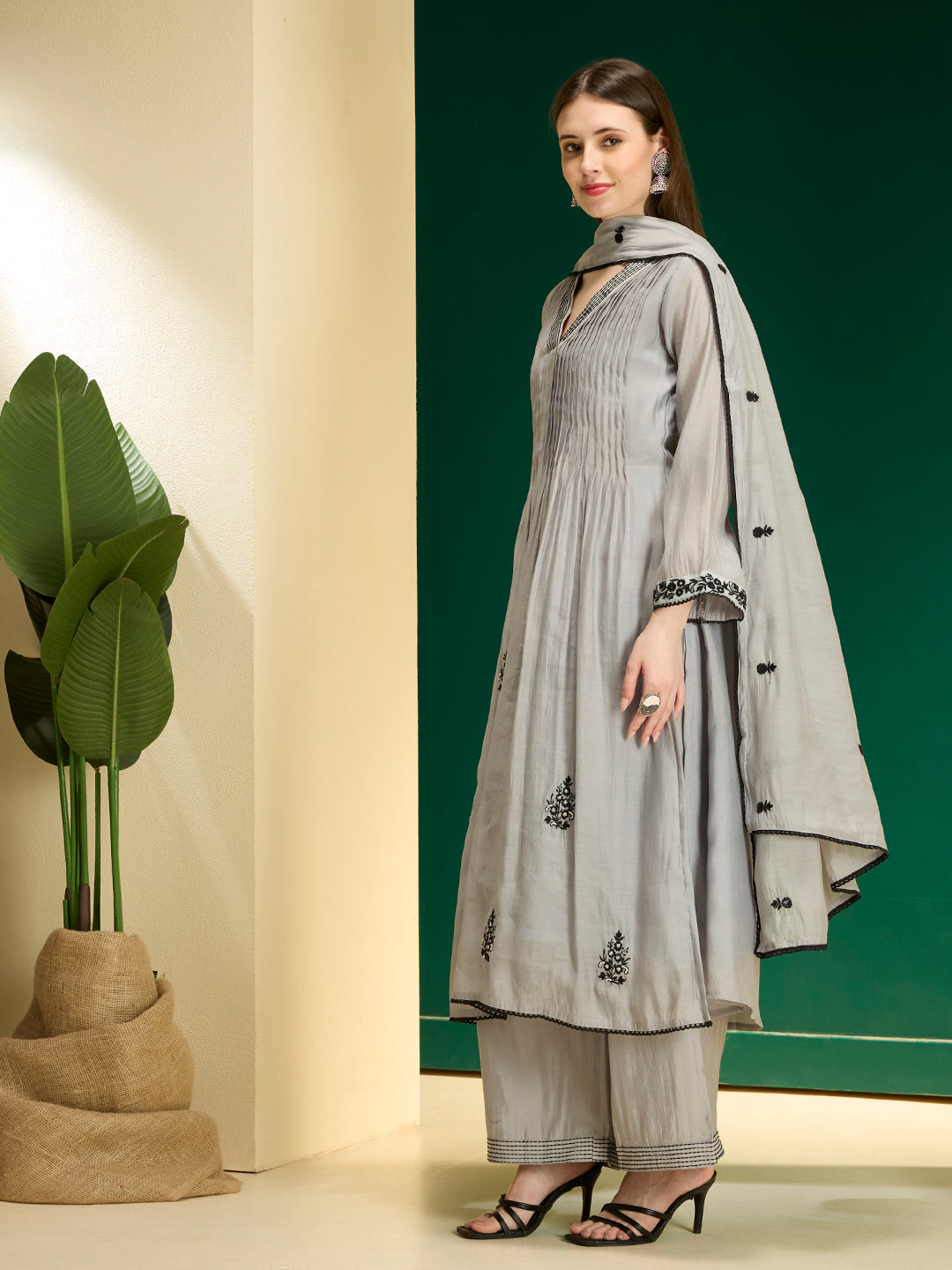 Floral Embroidered A-Line Pleated Kurta with Palazzo & Dupatta - Grey