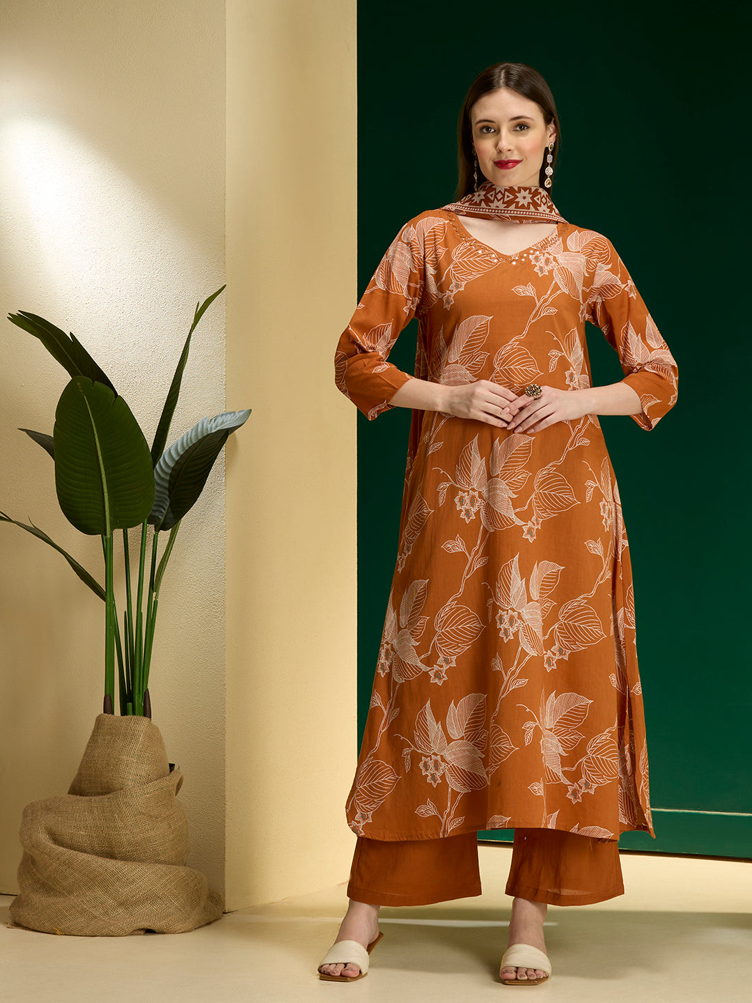Ethnic Floral Printed A-Line Kurta with Palazzos and Dupatta - Orange