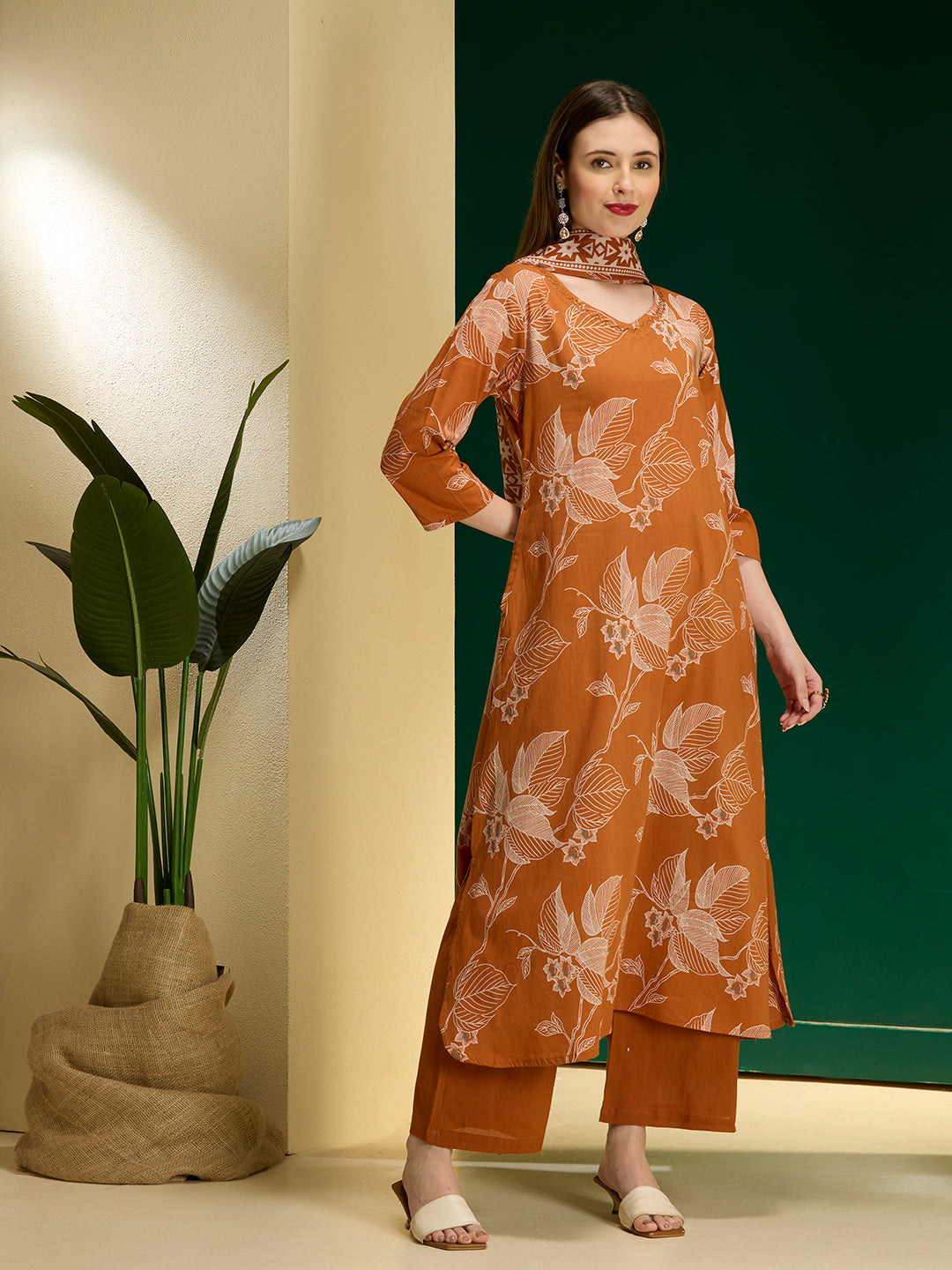 Ethnic Floral Printed A-Line Kurta with Palazzos and Dupatta - Orange
