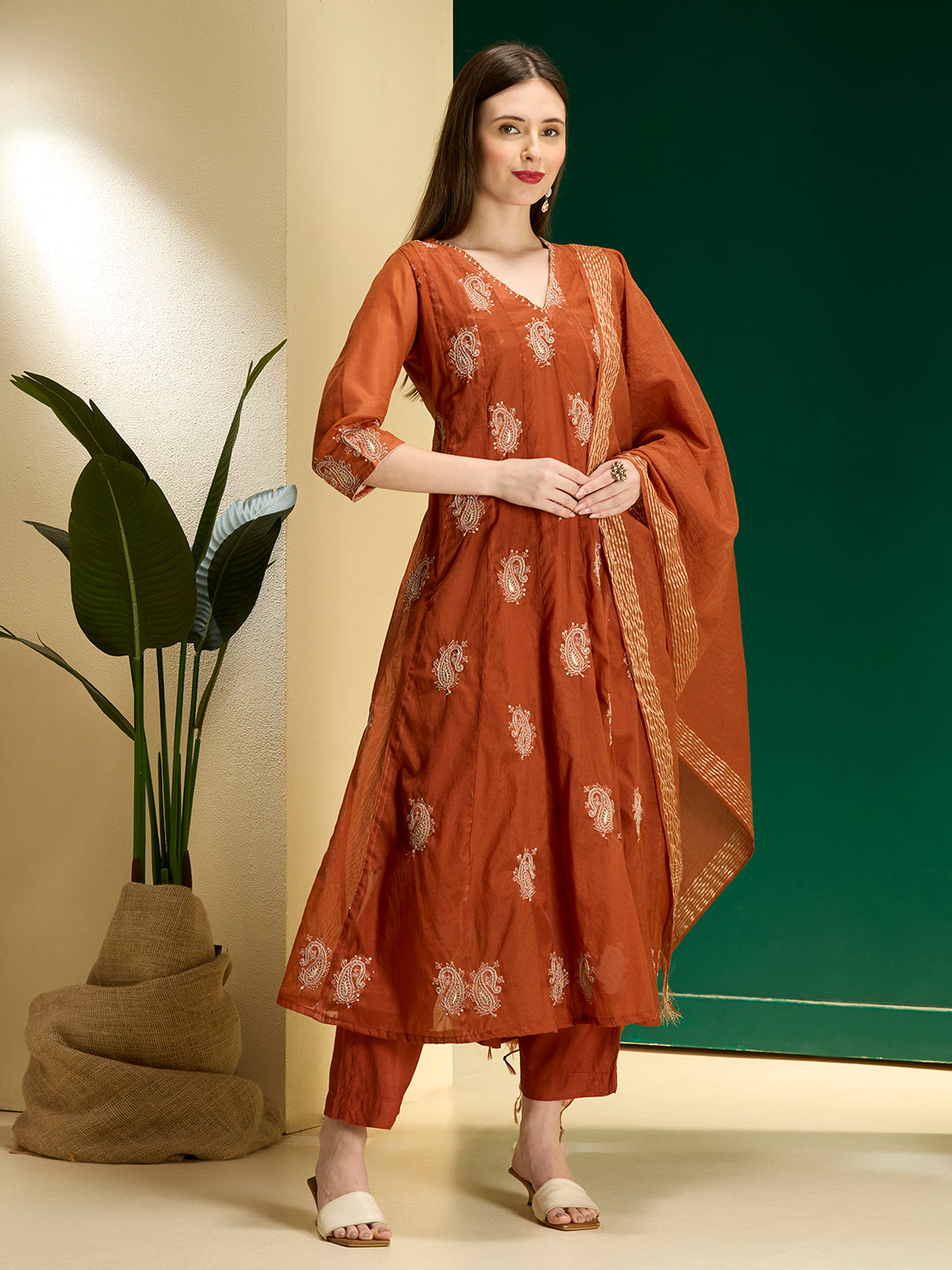 Solid Paisley Embroidered Anarkali with Pant & Dupatta - Rust