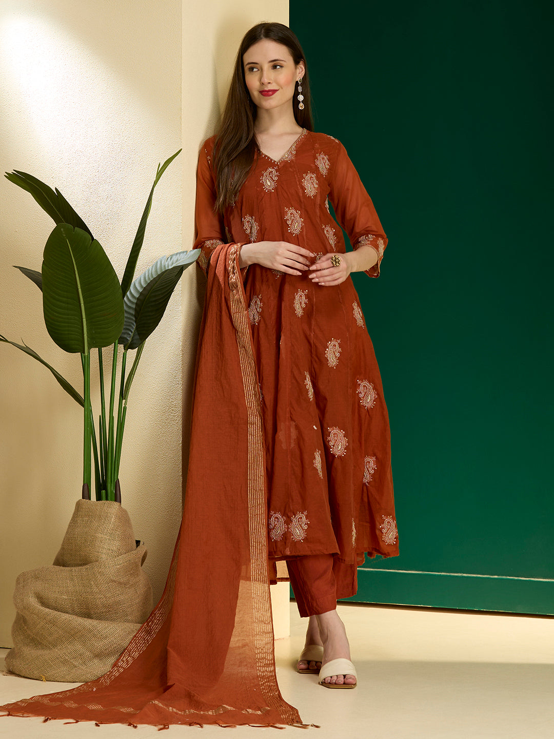 Solid Paisley Embroidered Anarkali with Pant & Dupatta - Rust