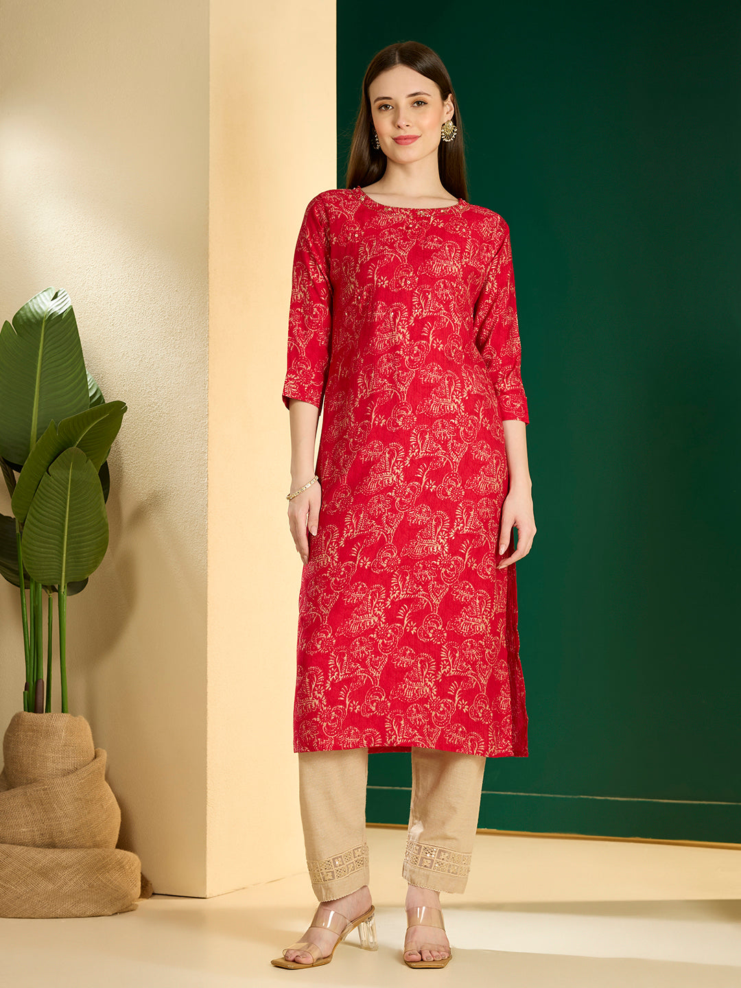 Ethnic & Floral Printed Straight Fit Kurta - Pink