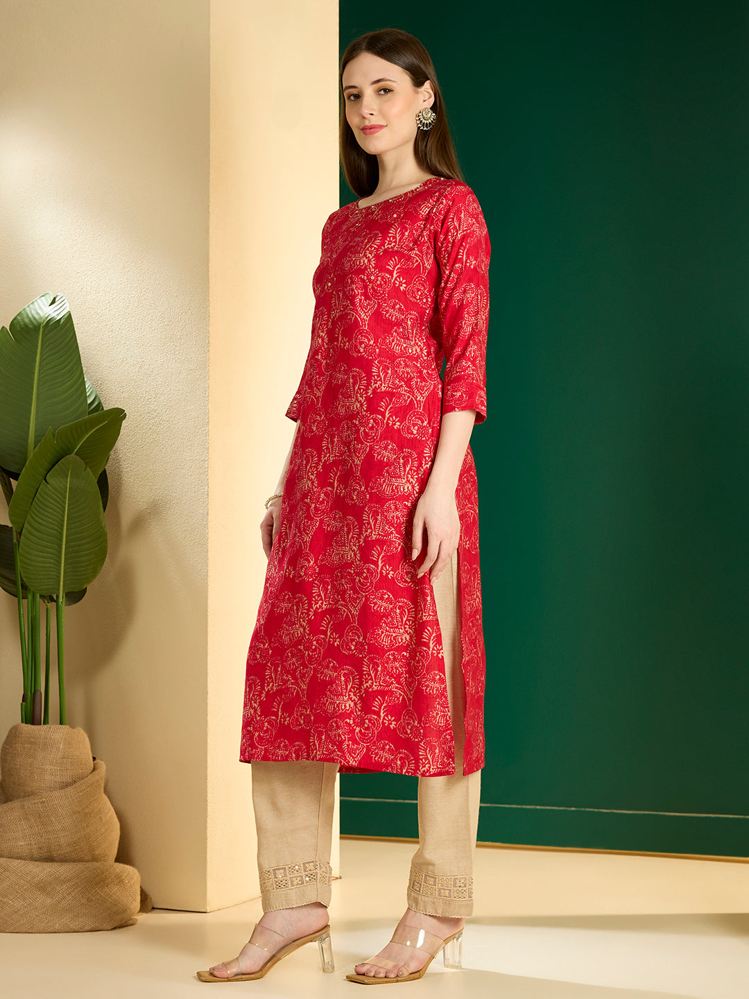 Ethnic & Floral Printed Straight Fit Kurta - Pink