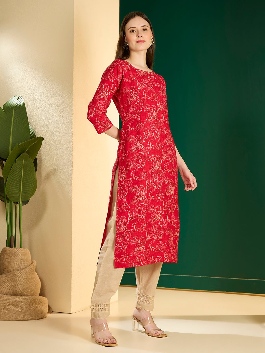 Ethnic & Floral Printed Straight Fit Kurta - Pink