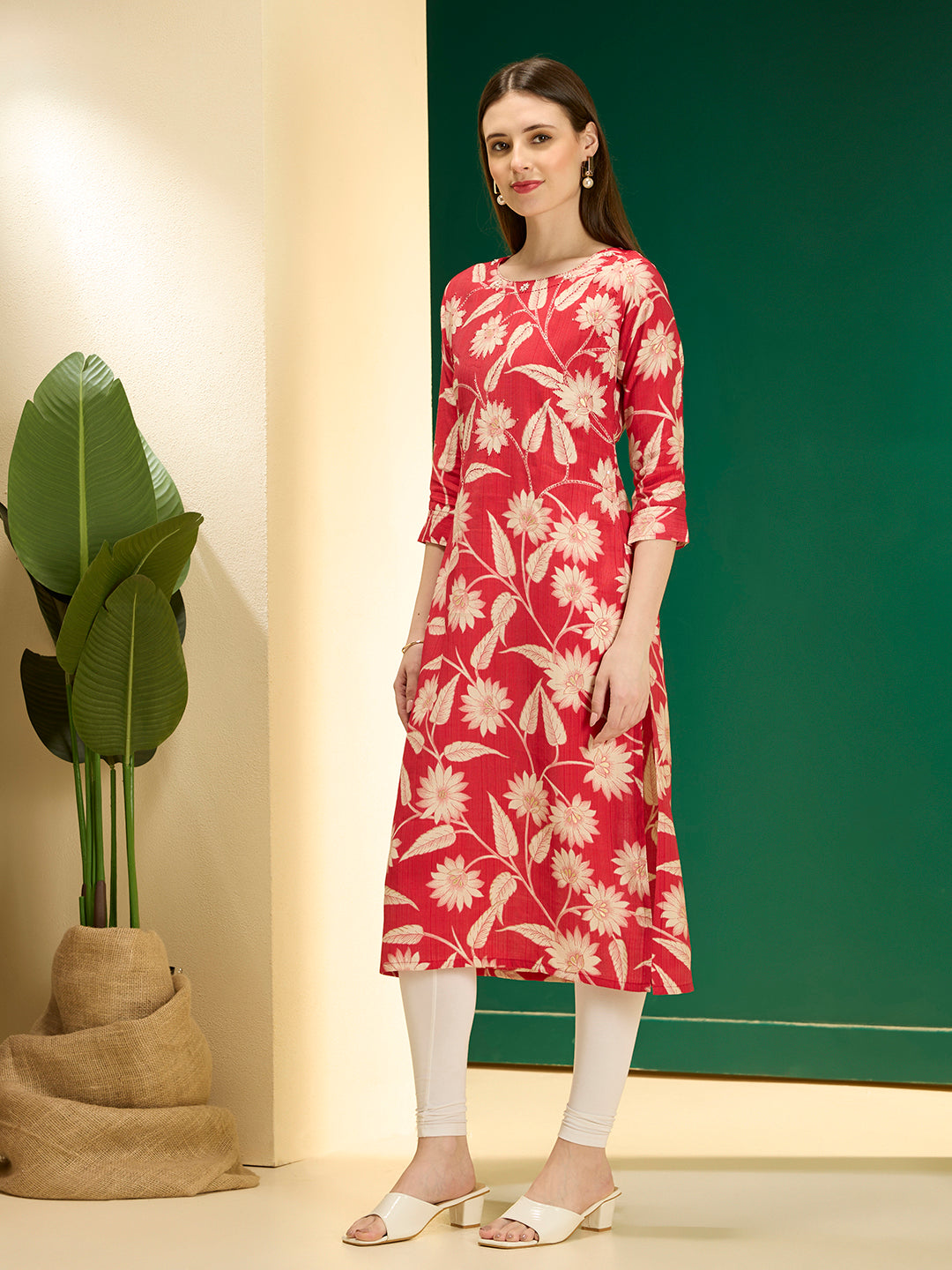 Ethnic & Floral Printed Straight Fit Kurta - Pink