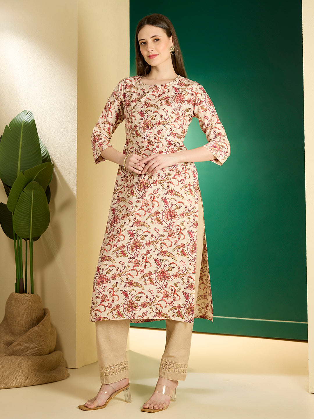 Ethnic & Floral Printed Straight Fit Kurta - Cream