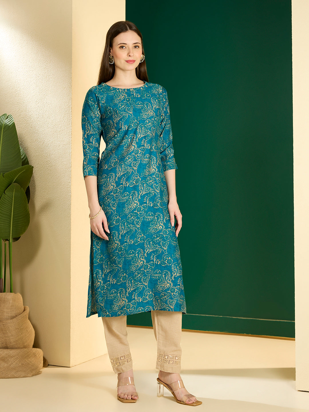 Ethnic & Floral Printed Straight Fit Kurta - Teal