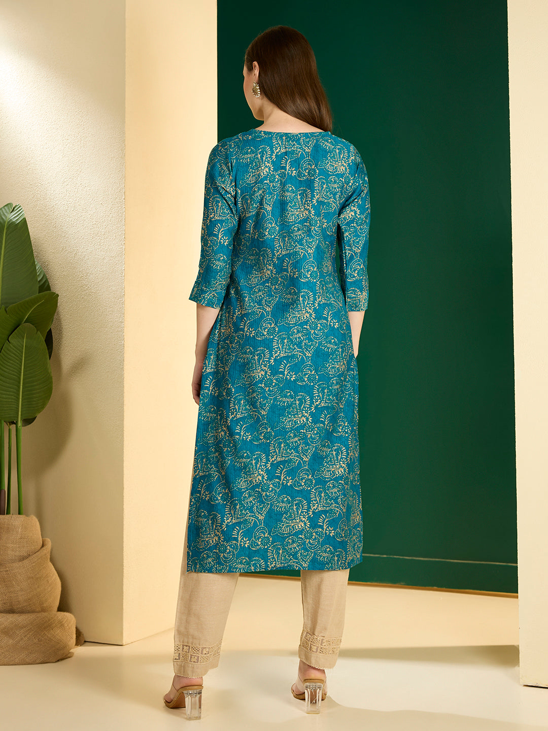 Ethnic & Floral Printed Straight Fit Kurta - Teal