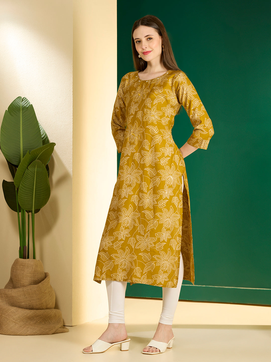 Ethnic & Floral Printed Straight Fit Kurta - Mustard