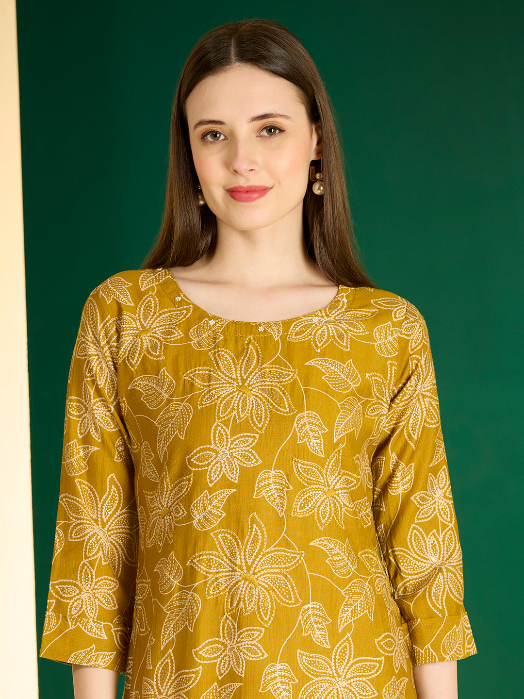 Ethnic & Floral Printed Straight Fit Kurta - Mustard