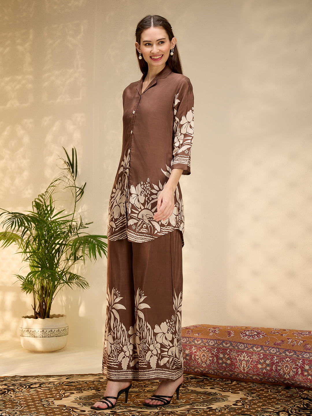 Abstract Floral Printed Straight Fit Co-ord Set - Brown