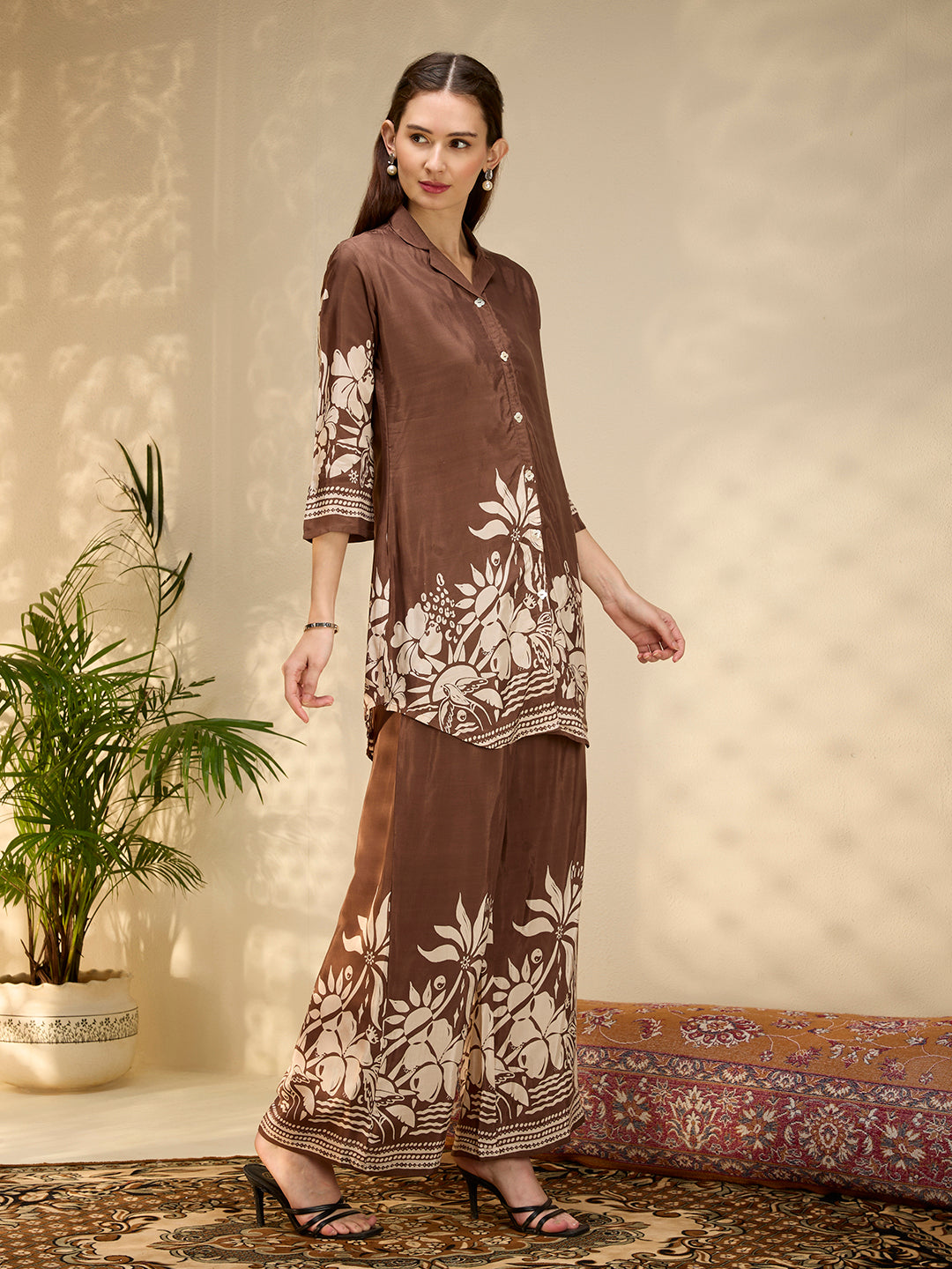 Abstract Floral Printed Straight Fit Co-ord Set - Brown