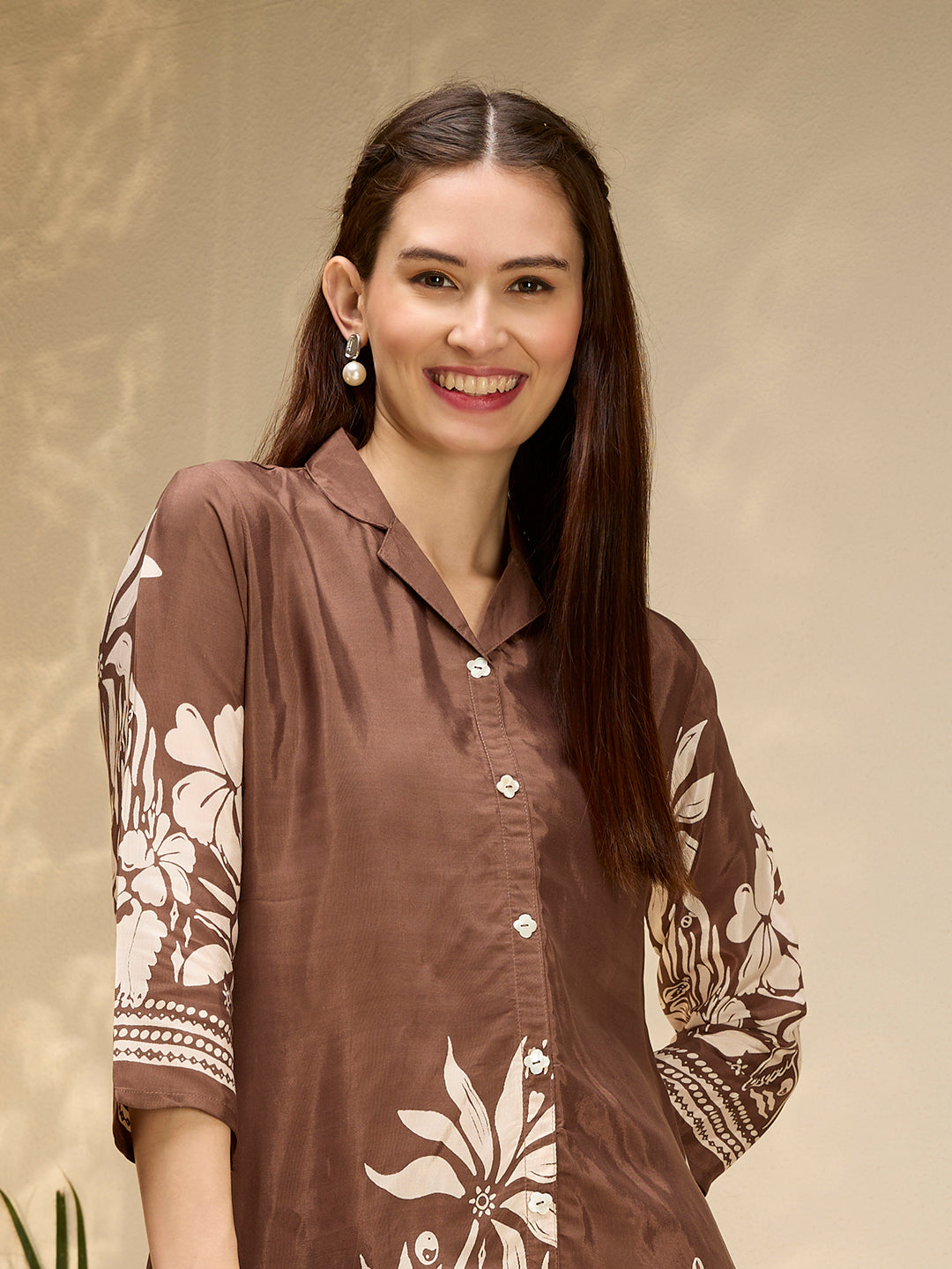 Abstract Floral Printed Straight Fit Co-ord Set - Brown