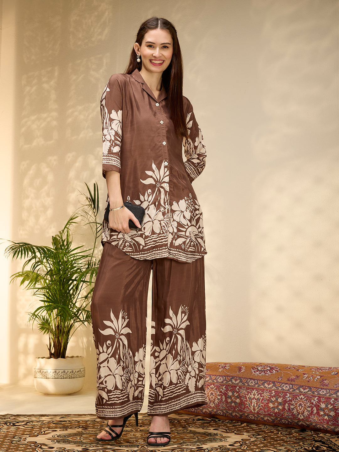 Abstract Floral Printed Straight Fit Co-ord Set - Brown