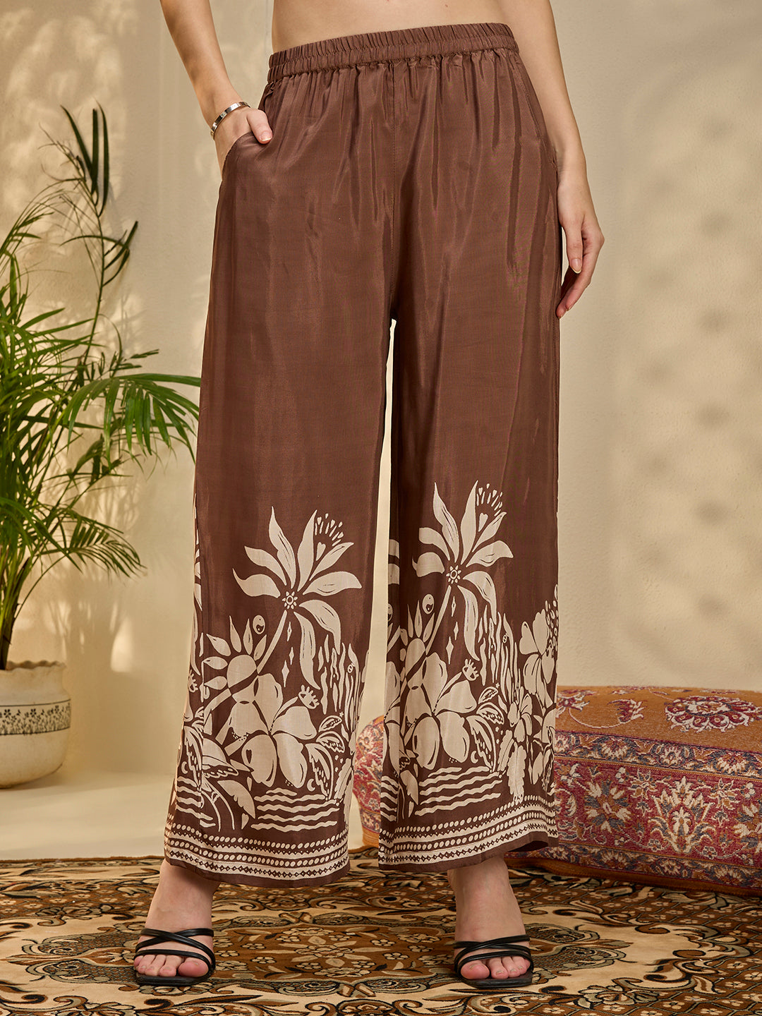 Abstract Floral Printed Straight Fit Co-ord Set - Brown