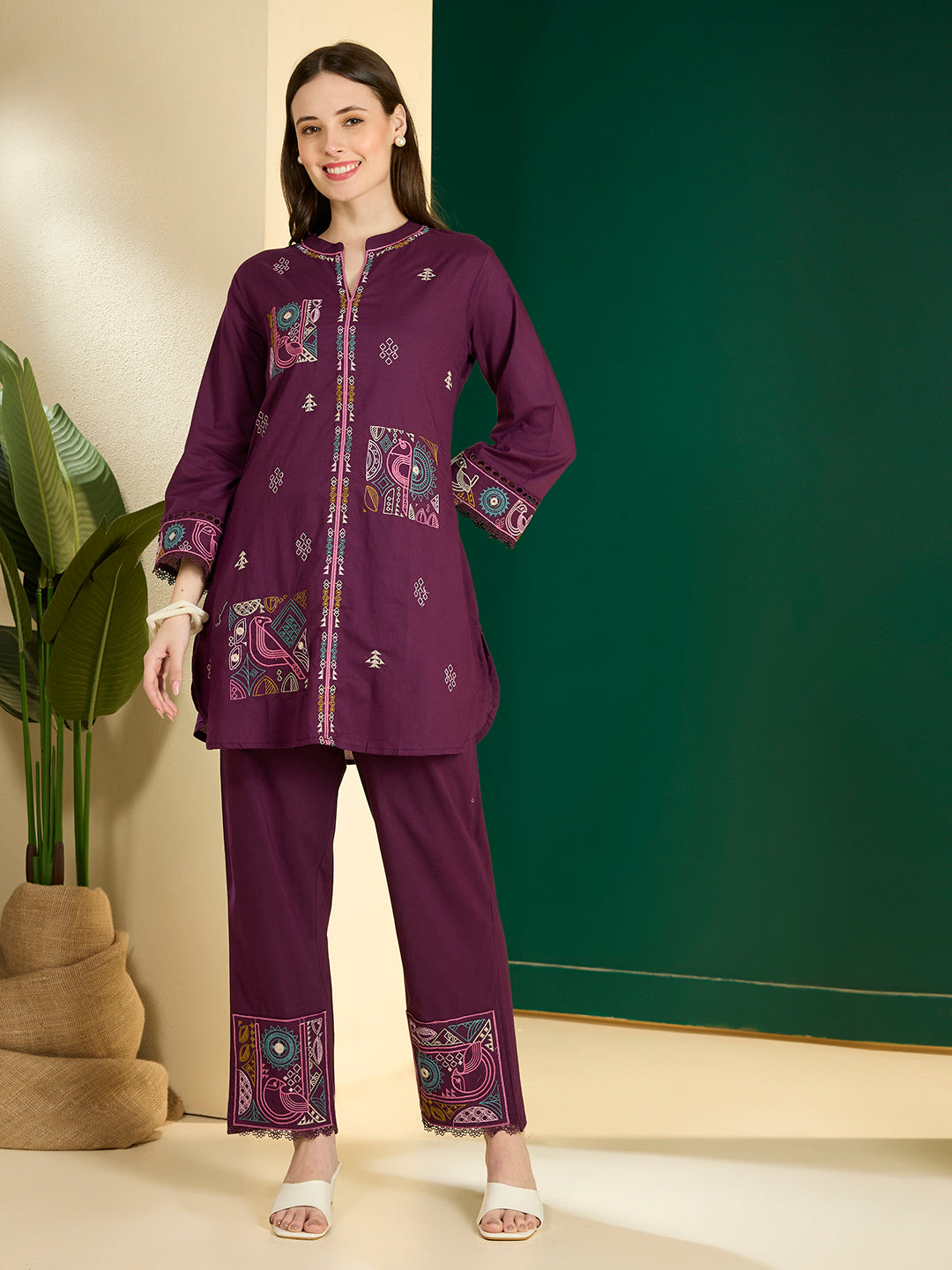 Solid Ethnic Embroidered Straight Kurta with Pant - Burgundy