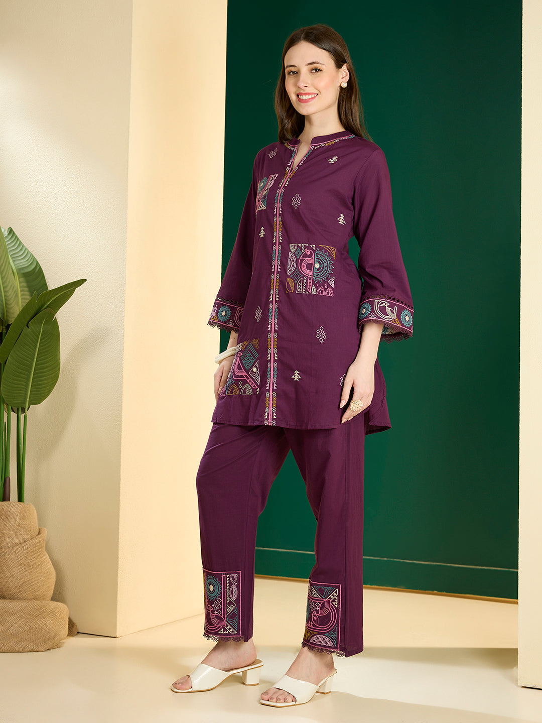 Solid Ethnic Embroidered Straight Kurta with Pant - Burgundy
