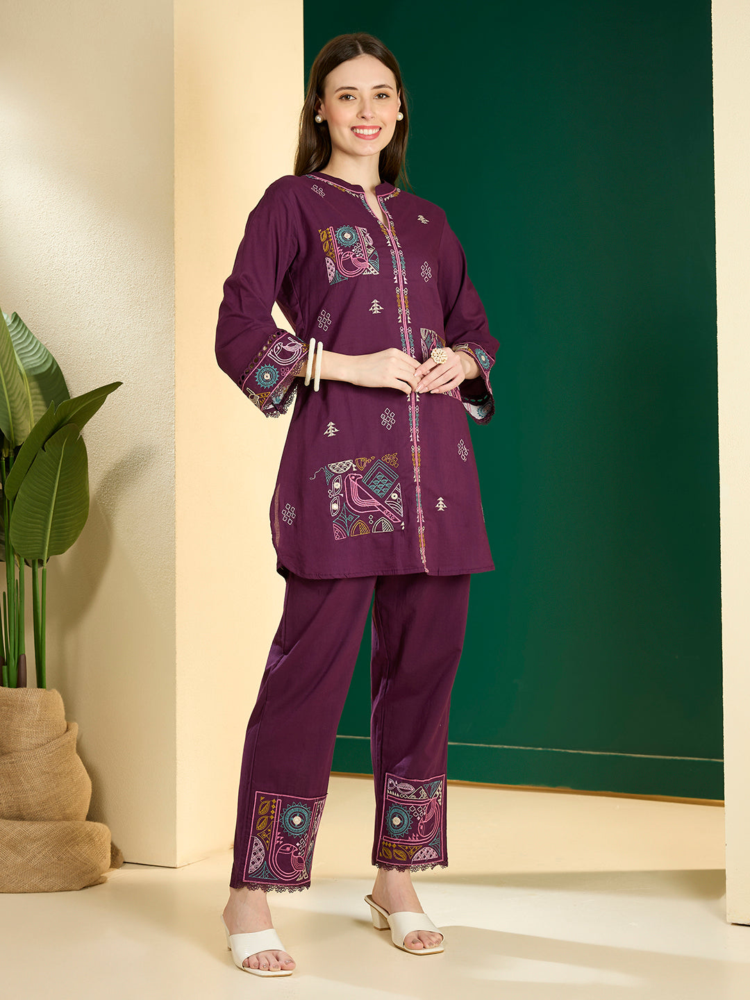 Solid Ethnic Embroidered Straight Kurta with Pant - Burgundy